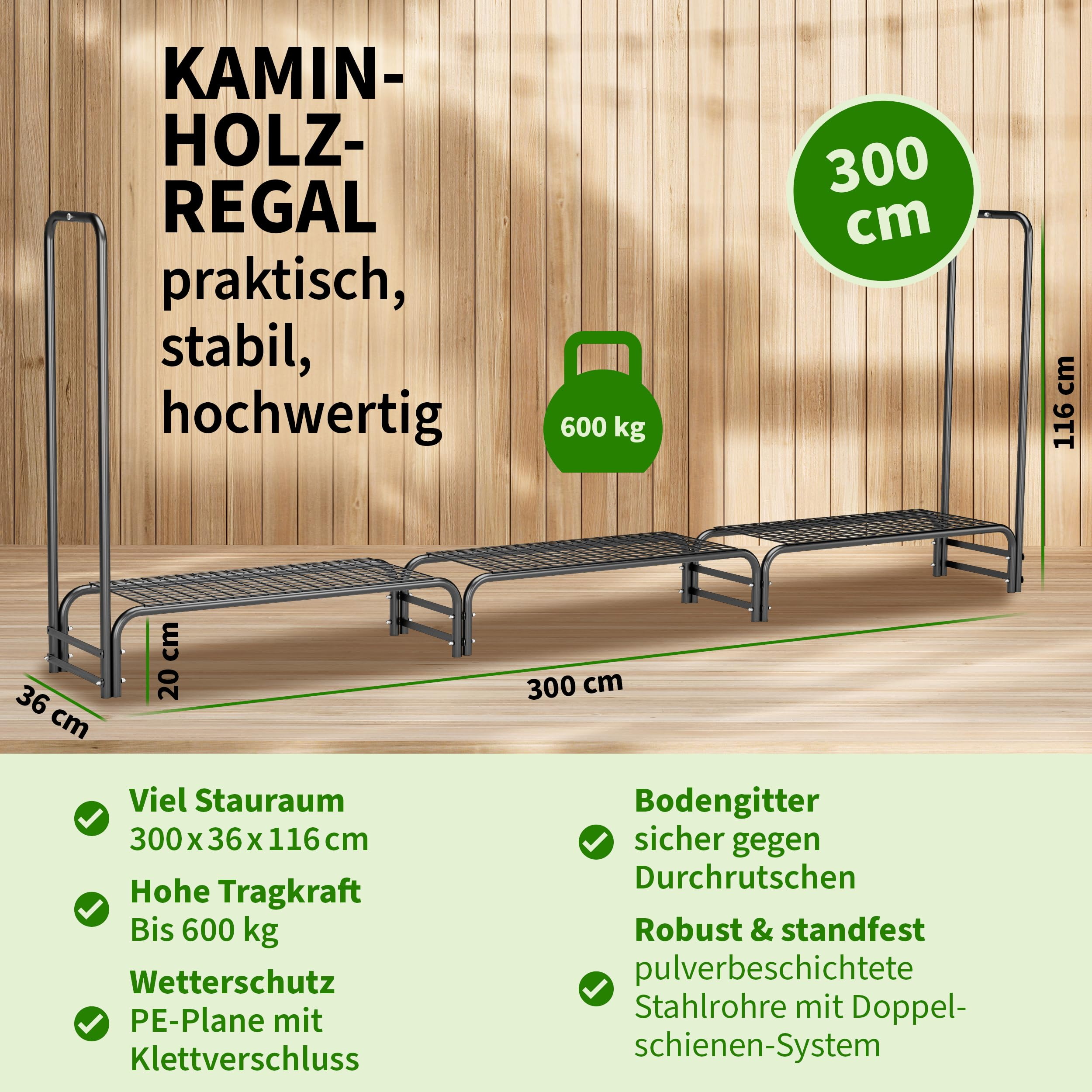 Ein schwarzes Kaminholzregal vor Holzwand mit Maßangaben und Produkteigenschaften.
