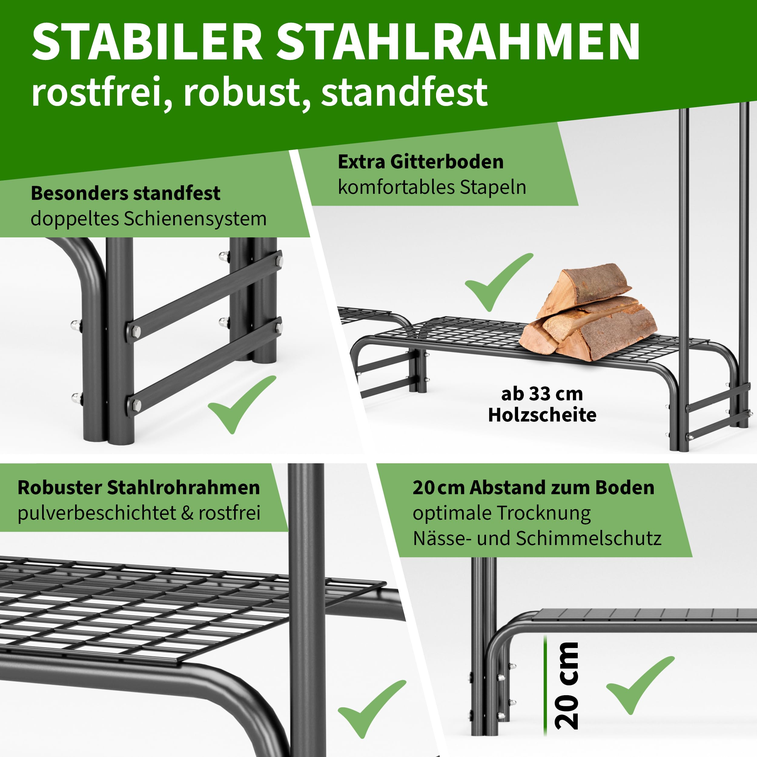 Stabiler, rostfreier Stahlrahmen mit Gitterboden und Details zu Maßen und Eigenschaften.