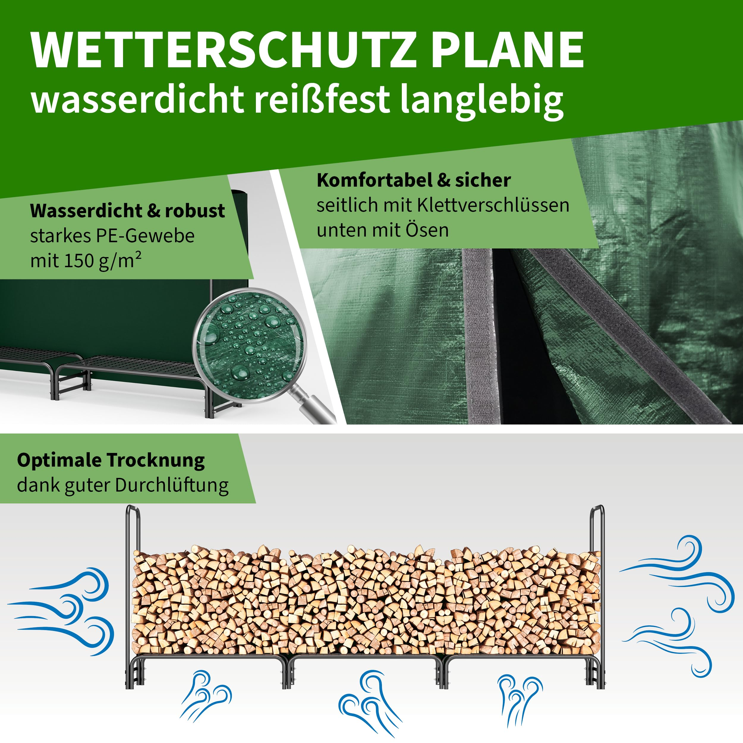 Grüne WetterSchutzplane mit Klettverschluss und Ösen für Holzregal, zeigt wasserdichtes Material und Belüftung.