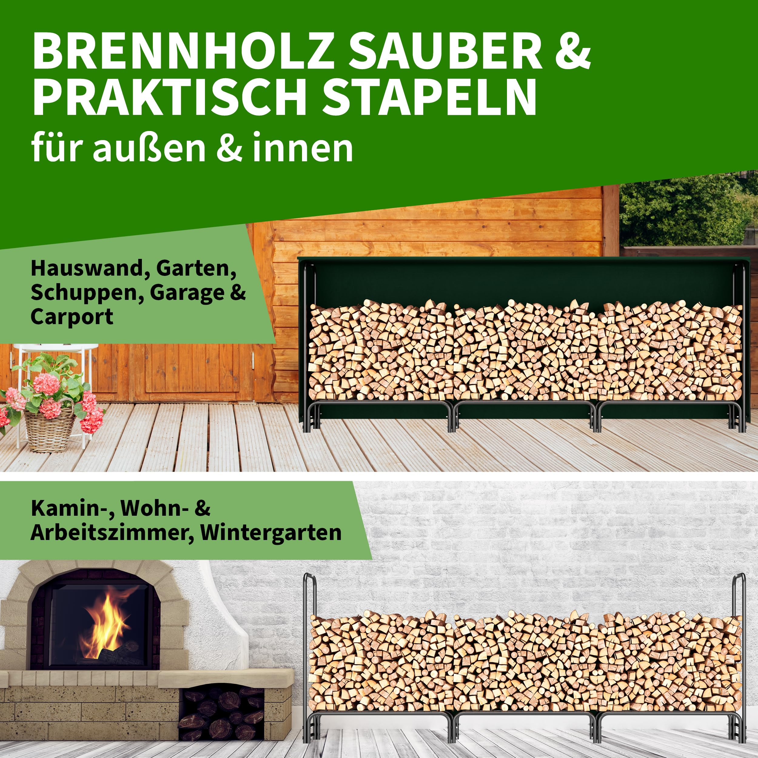 Stapelbare Brennholzregale gefüllt mit Holz, platziert auf einer Holzterrasse und neben einem Kamin.