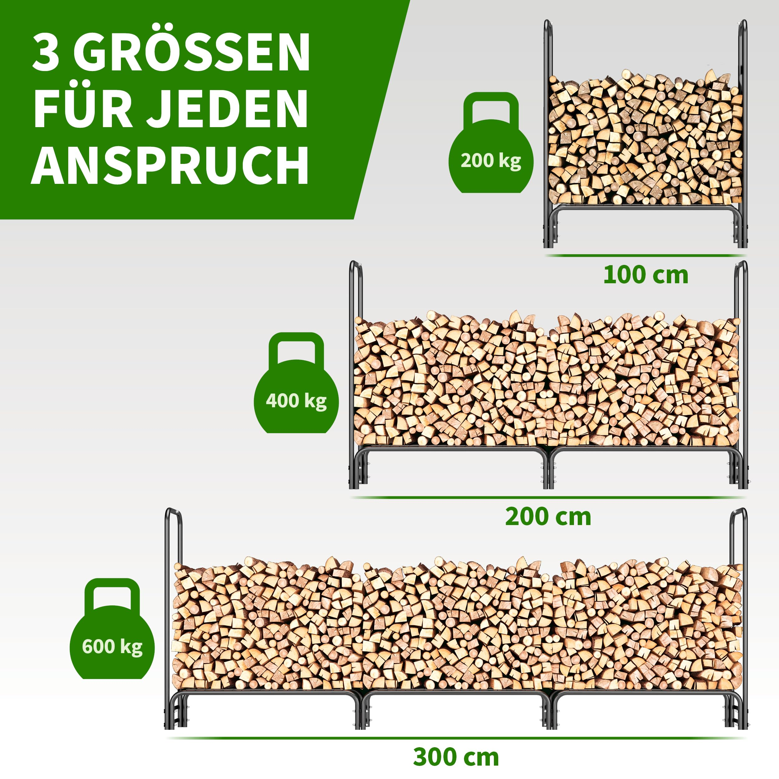 Drei schwarze Kaminholzregale in verschiedenen Größen mit Gewichts- und Längenangaben.