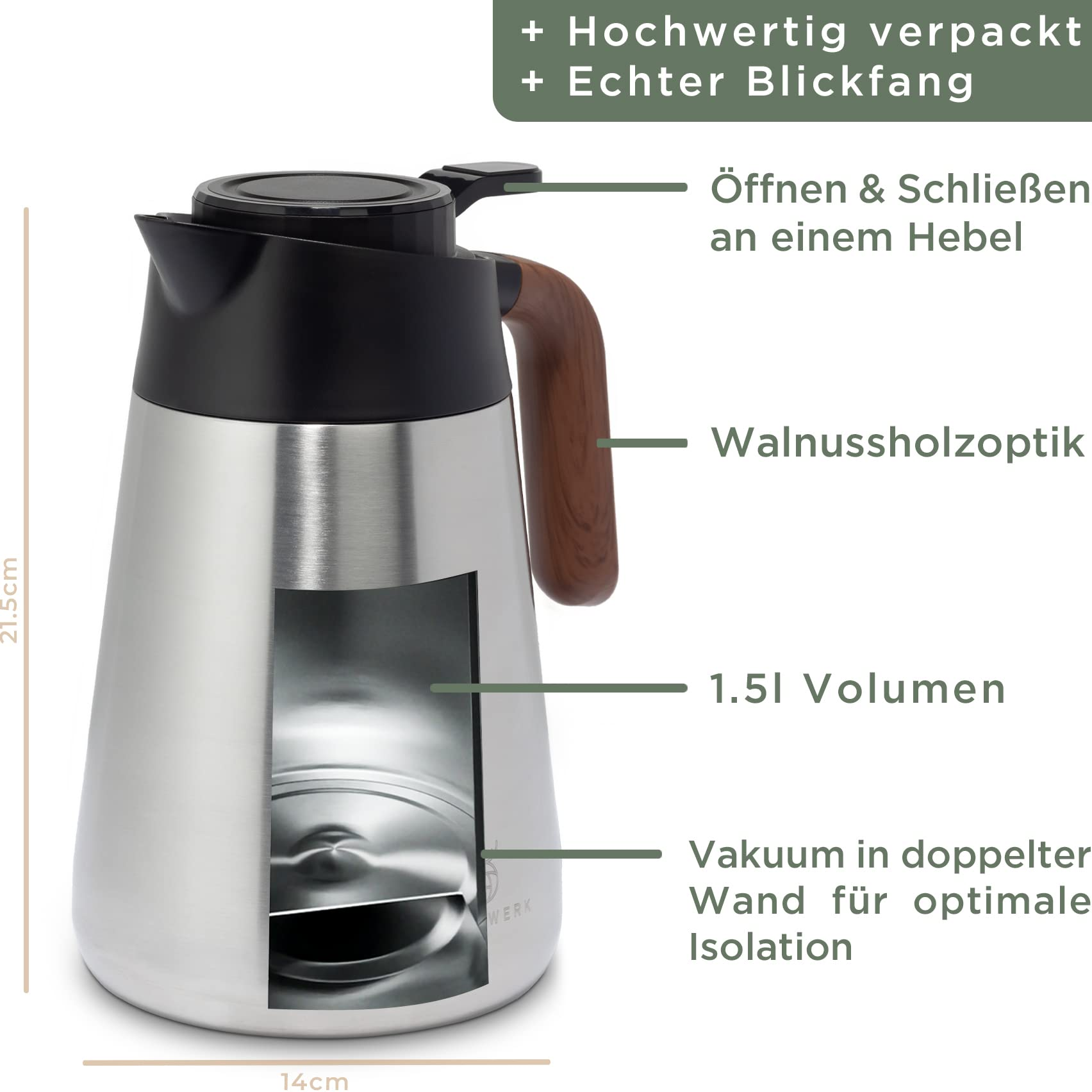 Cafetière isotherme en inox avec poignée effet bois, capacité de 1,5L et légendes des caractéristiques.