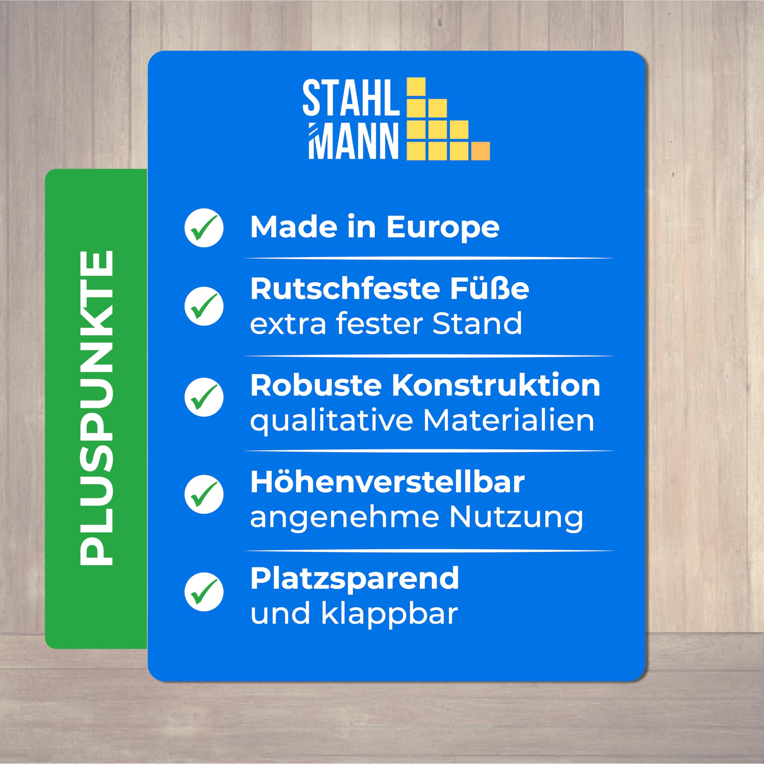 Une bannière publicitaire bleue avec le logo Stahlmann et des avantages sur fond en bois.