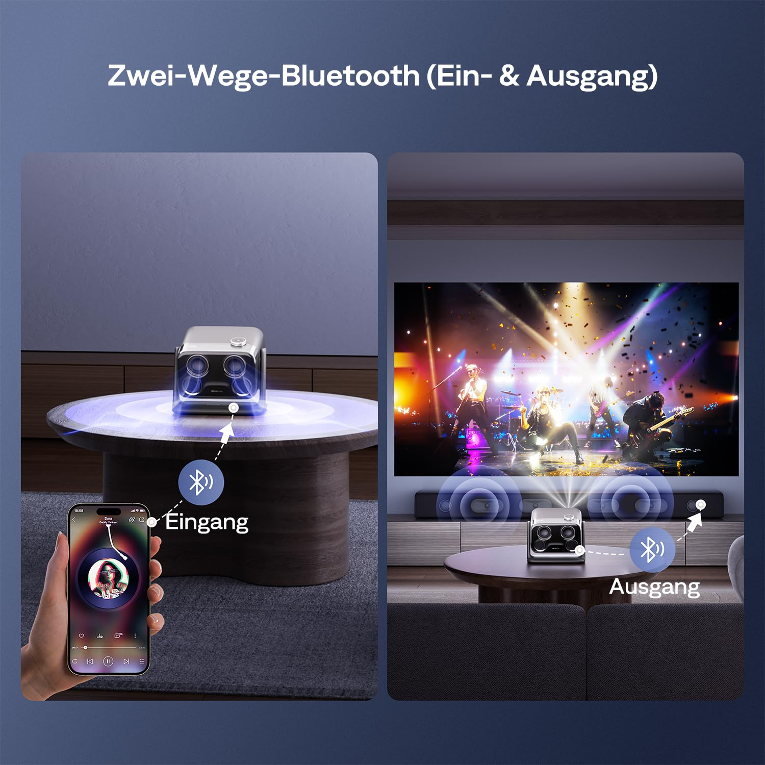 Ein Projektor zeigt Zwei-Wege-Bluetooth mit Telefon-Eingang und Lautsprecher-Ausgang für ein Live-Konzert.
