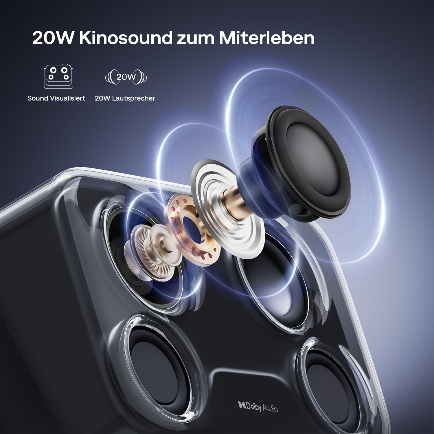 Explodierte Ansicht eines Lautsprechers mit Schallwellen und Text zu 20W Kinosound.