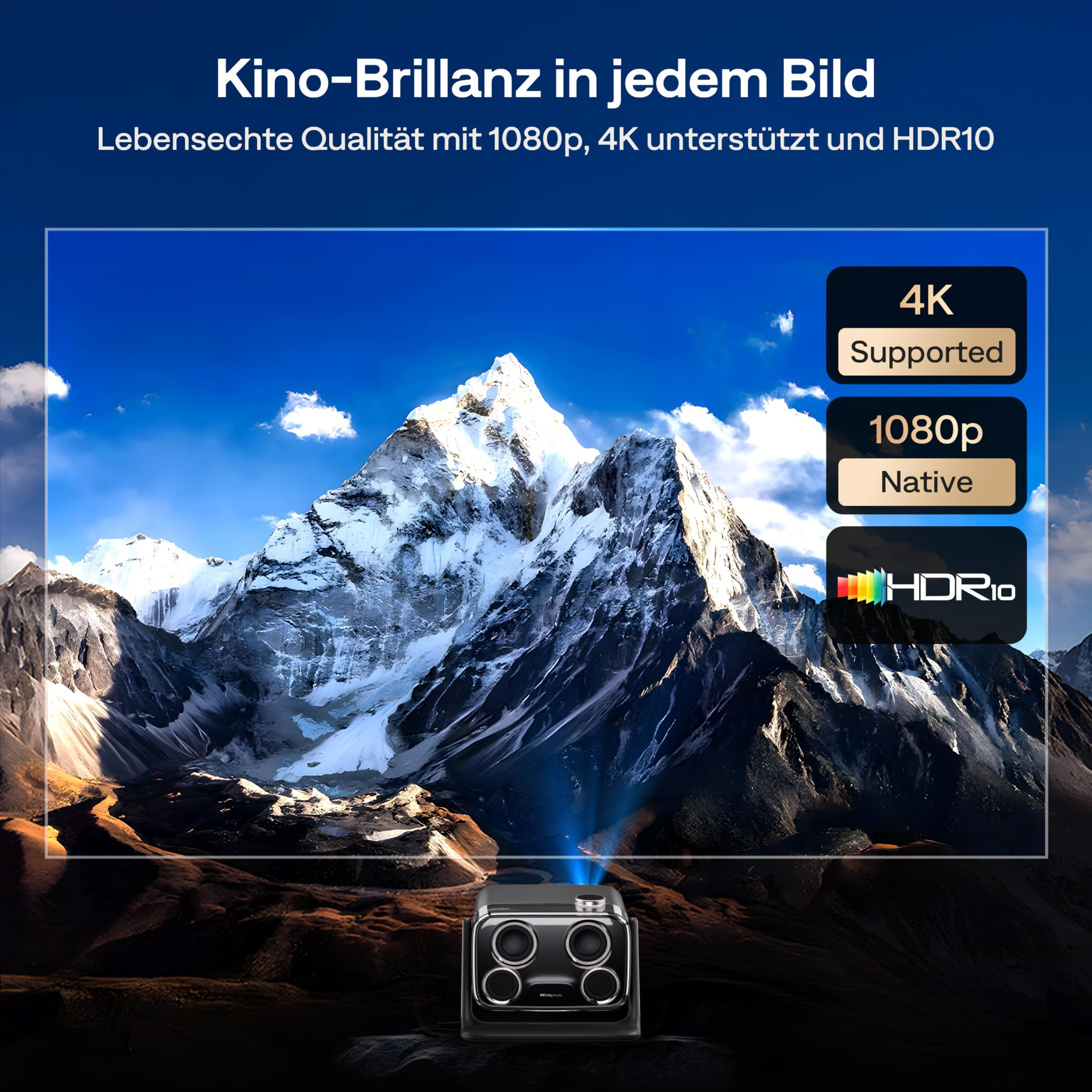 Ein Projektor projiziert ein Bild von schneebedeckten Bergen, mit Text über 4K, 1080p und HDR10.