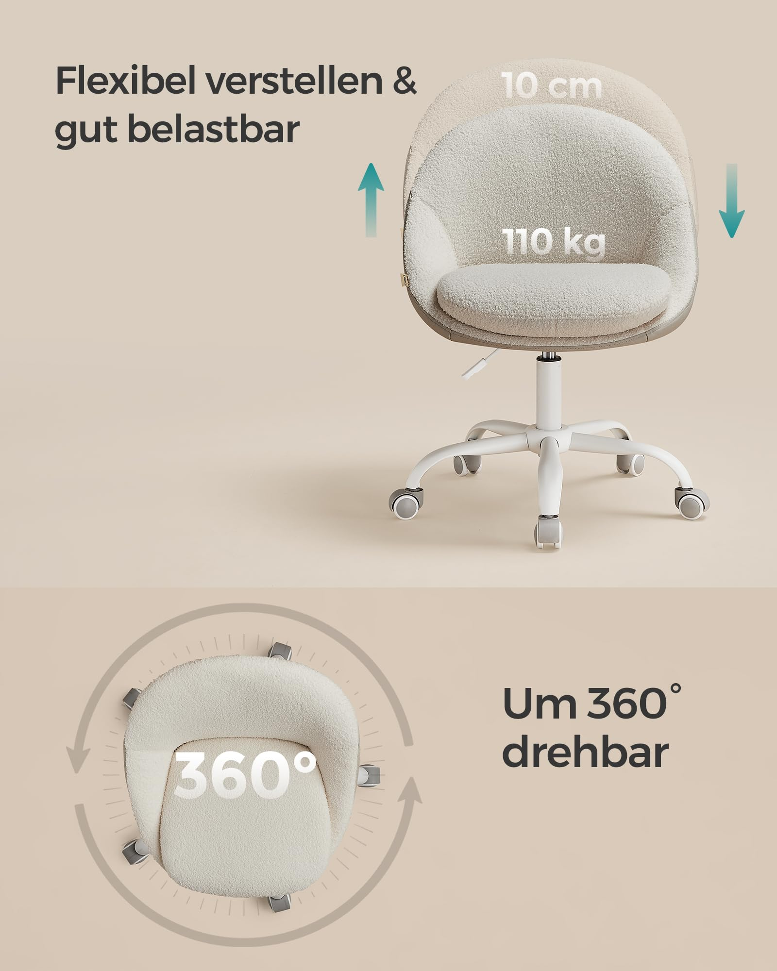 Chaise de bureau beige à roulettes, hauteur réglable de 10 cm, capacité de 110 kg et pivotante à 360 degrés.