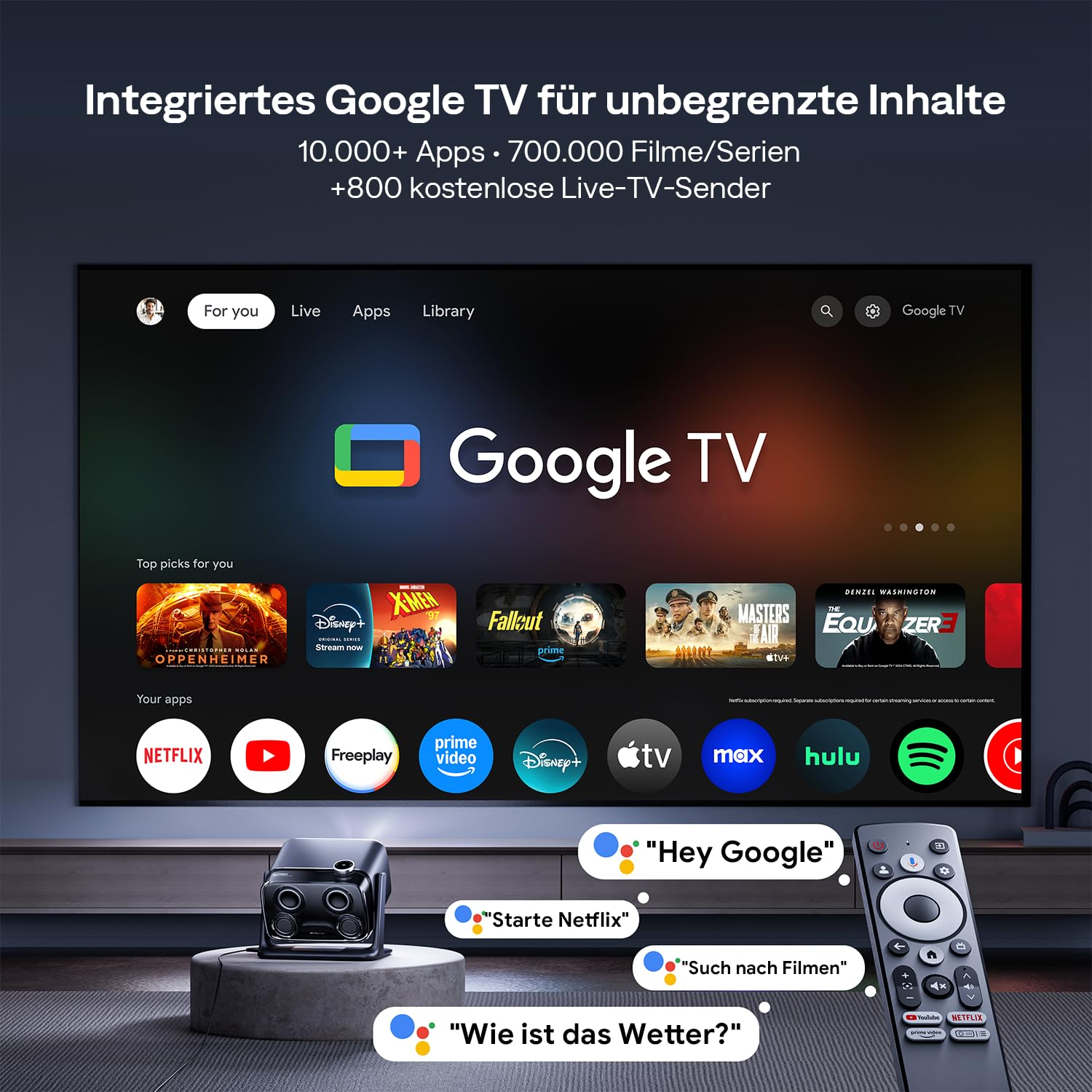 Google TV Benutzeroberfläche mit integrierten Apps, Sprachbefehlen, einem Projektor und einer Fernbedienung.