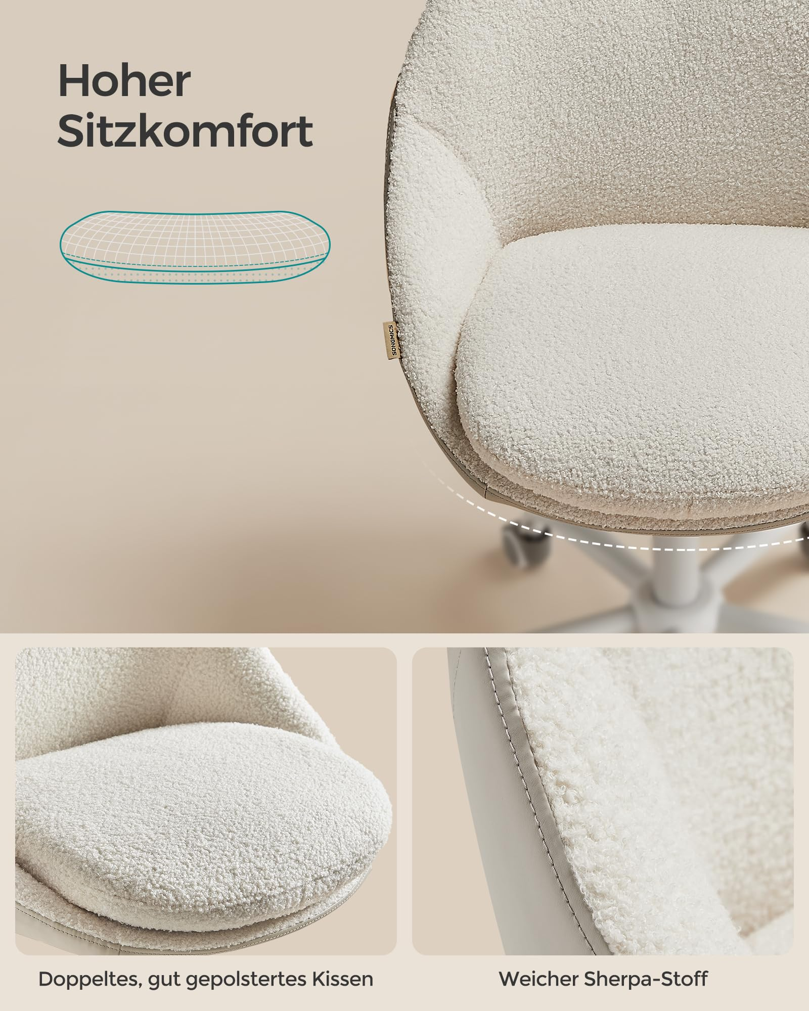 Images beige et blanche d'une chaise de bureau avec coussin et tissu sherpa.