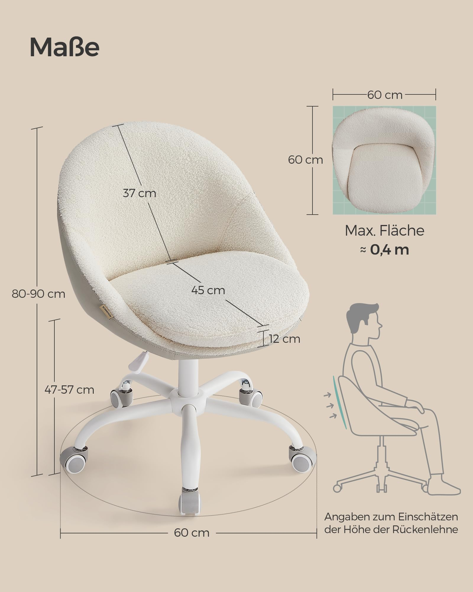 Dessin technique avec les dimensions d'une chaise de bureau blanche bouclée à roulettes.