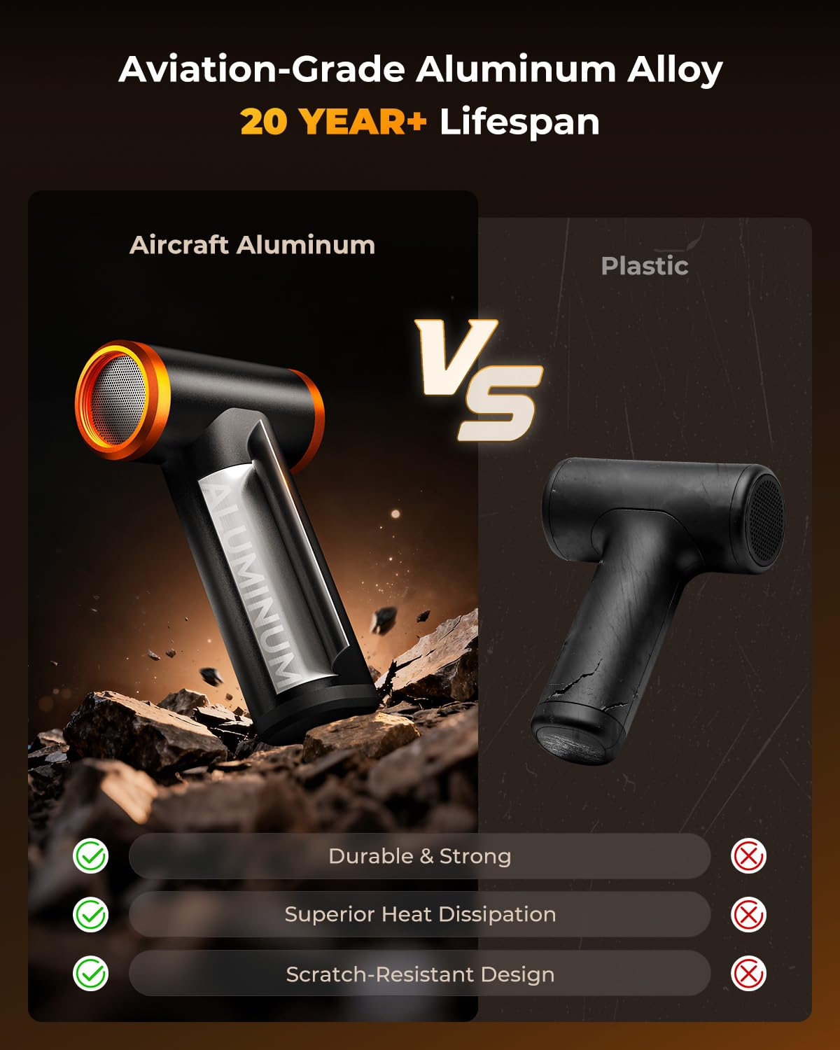 Confronto tra una pistola in alluminio resistente e una in plastica danneggiata.