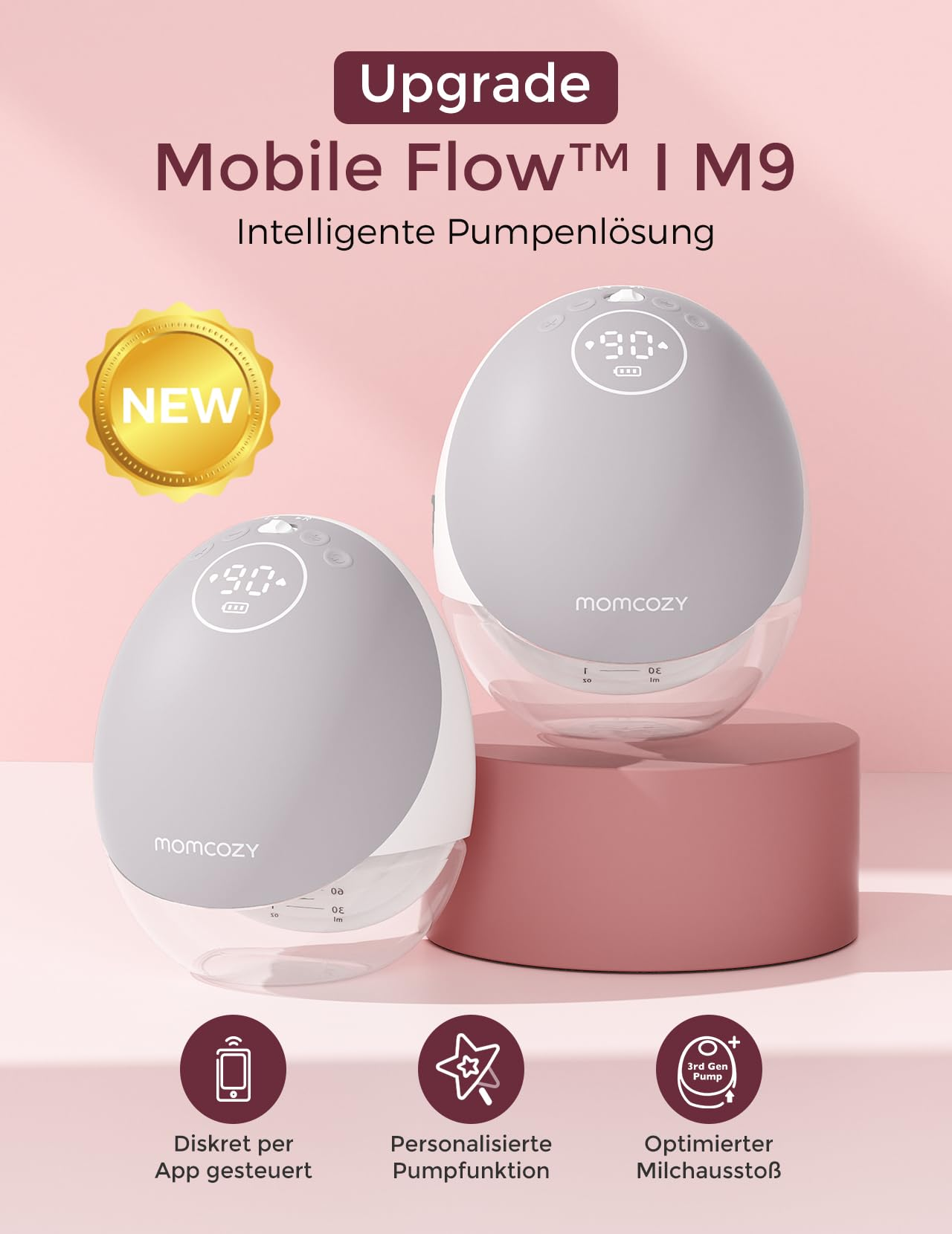 Due tiralatte Momcozy M9 su sfondo rosa con testo e icone di controllo dell'app.