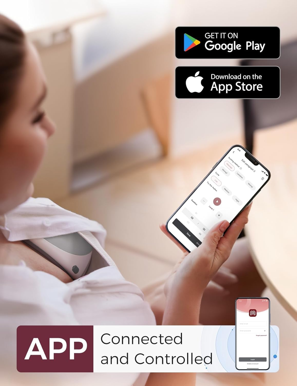Una donna tiene uno smartphone con un'app di controllo della pompa indossando un tiralatte portatile.