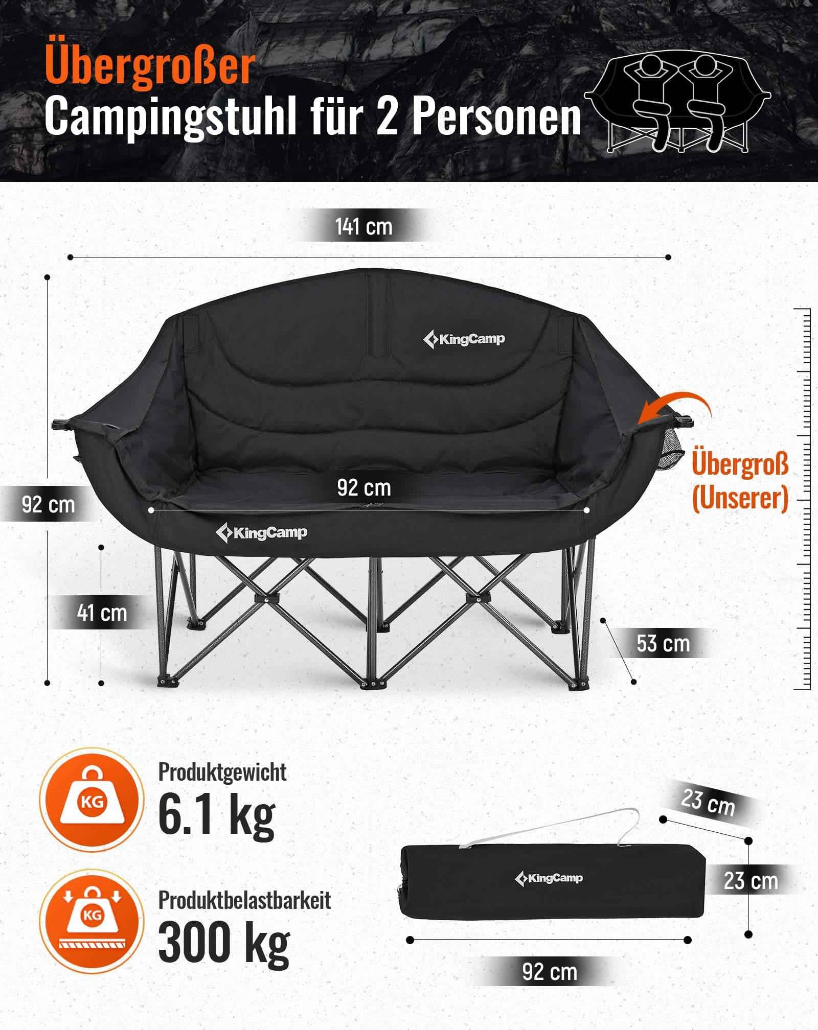 Übergrösser Campingstuhl für 2 Personen mit Maßen, Gewicht von 6,1 kg und Belastbarkeit bis 300 kg.