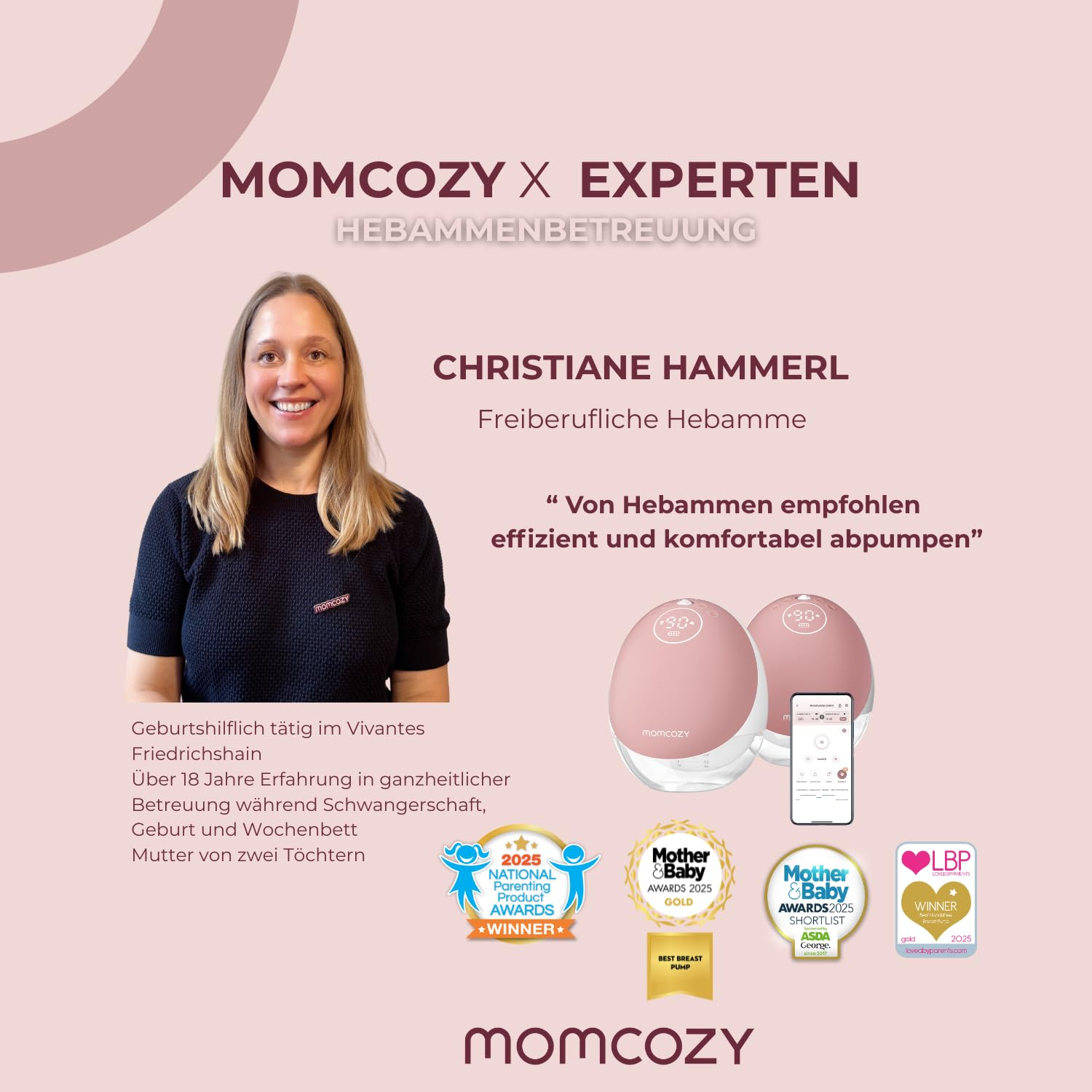 L'ostetrica Christiane Hammerl consiglia i tiralatte Momcozy, accompagnati da premi e testo.