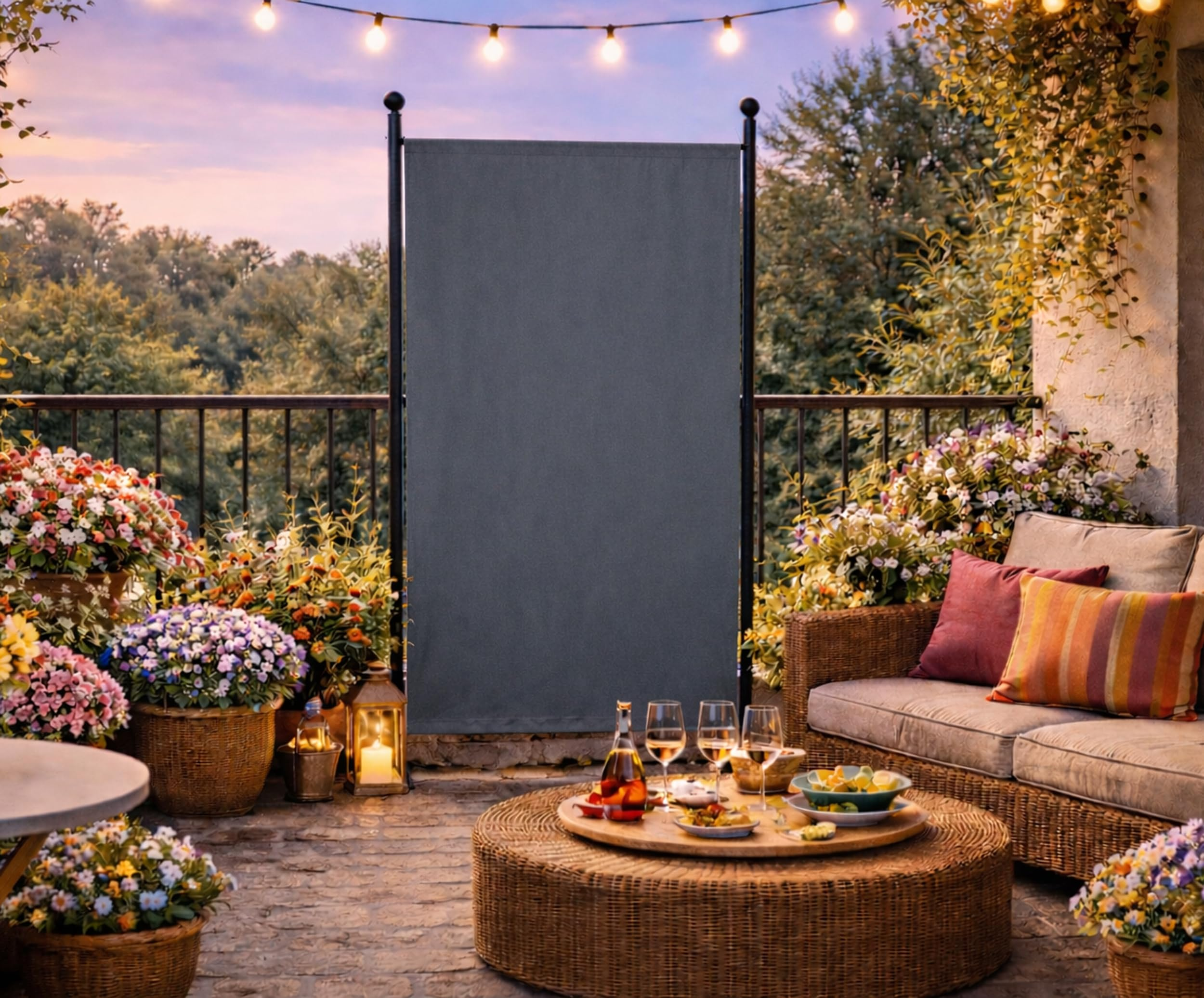 Gemütliche Balkonterrasse mit Blumen, Sofa, Lichterkette und einem grauen Sichtschutz in der Abenddämmerung.