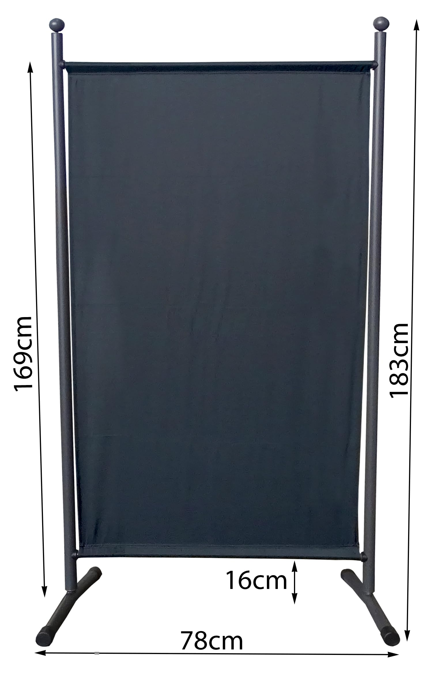 Ein schwarzer Raumteiler mit Metallrahmen zeigt Höhen- und Breitenmaße von 183cm, 169cm, 78cm und 16cm.