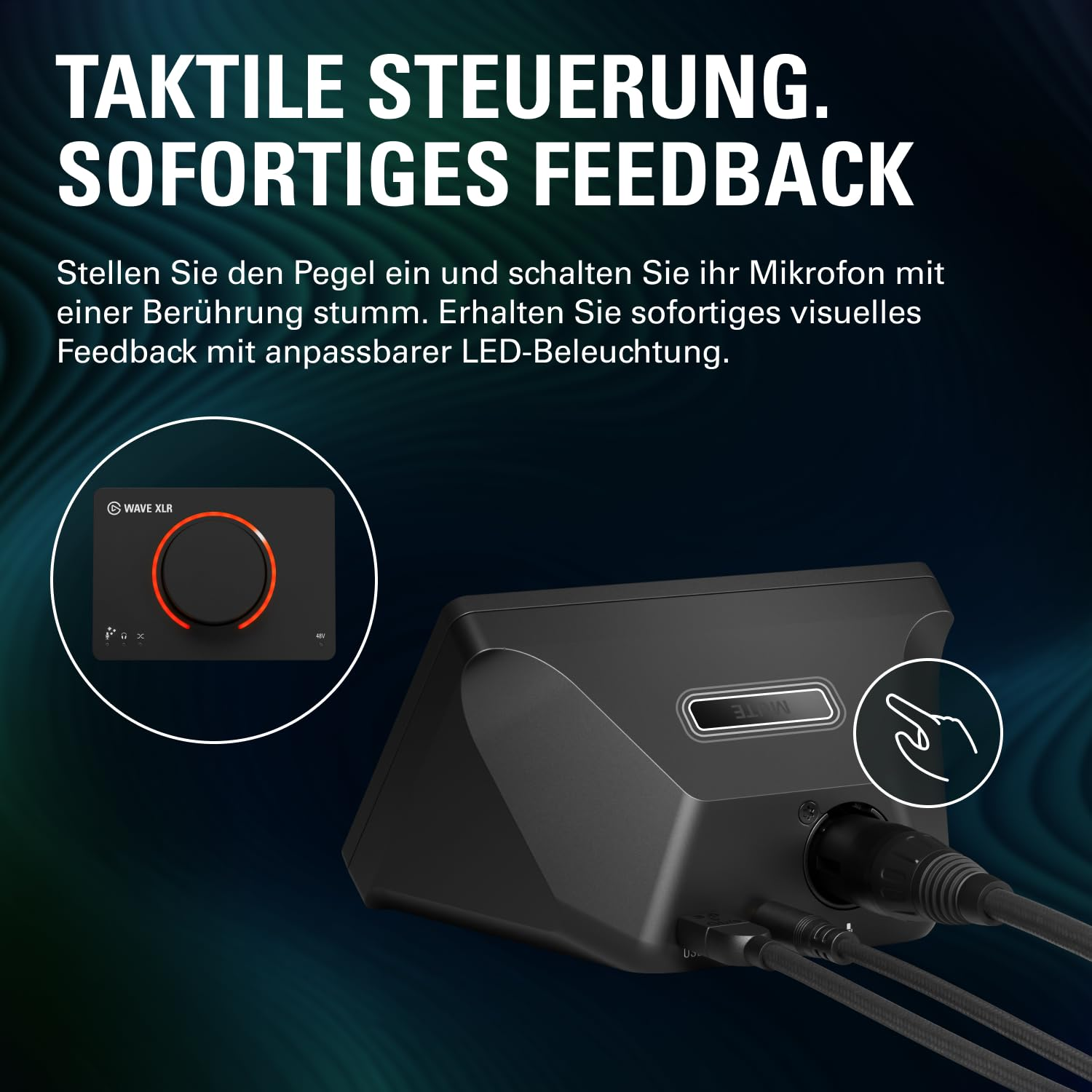 Wave XLR Audiogerät mit Regler, Mute-Taste und verbundenen Kabeln vor dunklem Hintergrund.