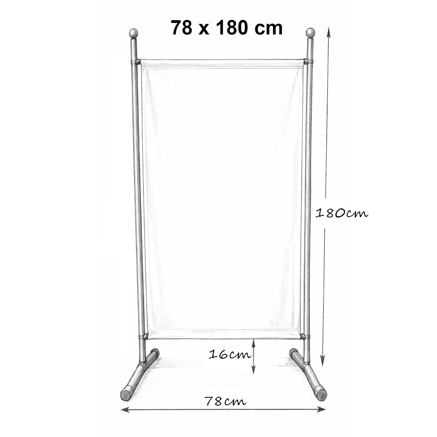 Technische Skizze eines rechteckigen Banners auf einem Ständer mit Maßen von 78x180 cm.