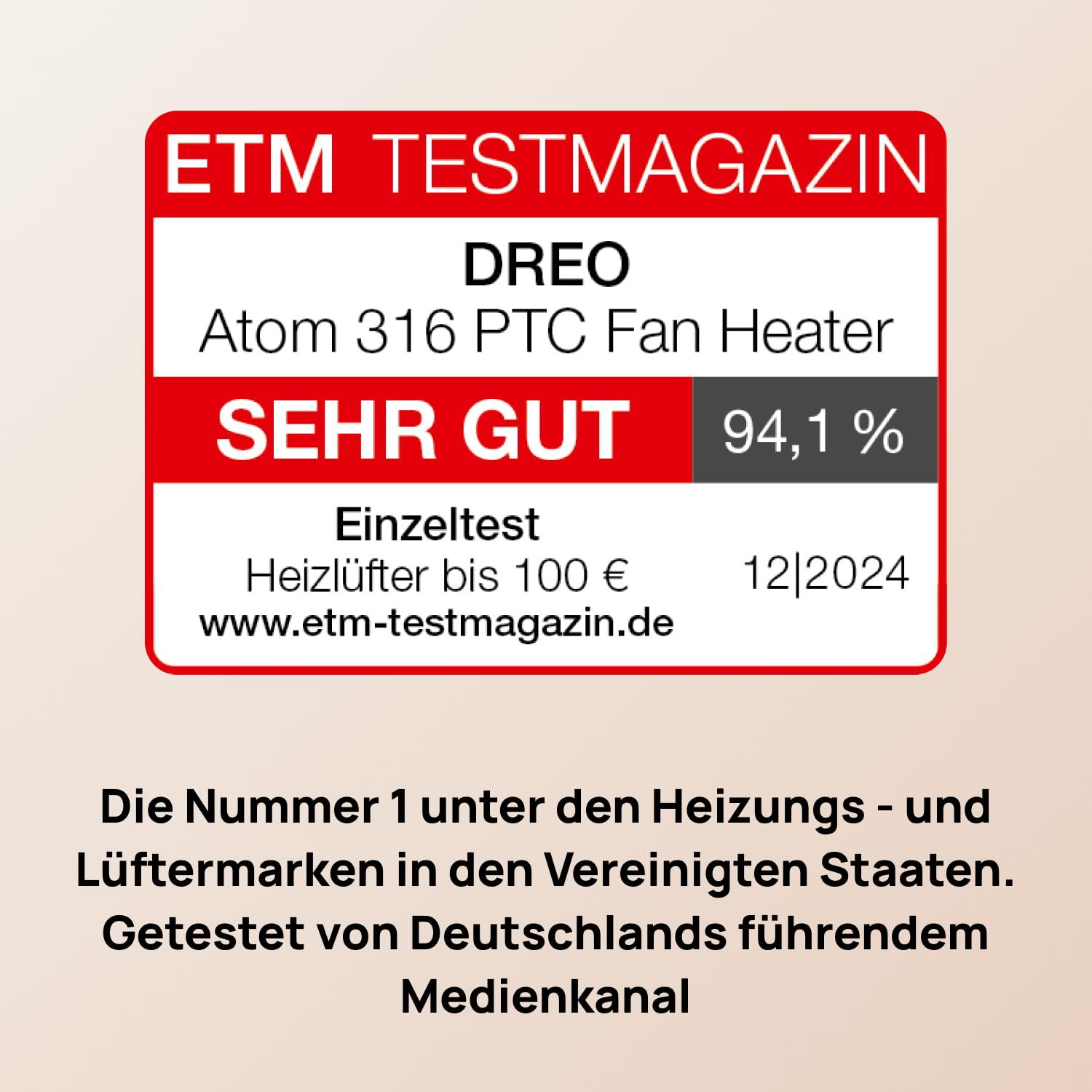 Label ETM Testmagazin pour Dreo Atom 316 PTC Fan Heater : TRÈS BON (94,1 %). Texte sur la marque.