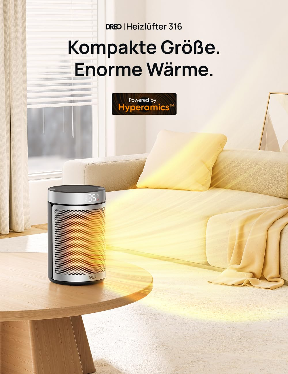 Un radiateur d'appoint portable sur une table en bois diffuse des rayons lumineux chauds dans un salon lumineux.