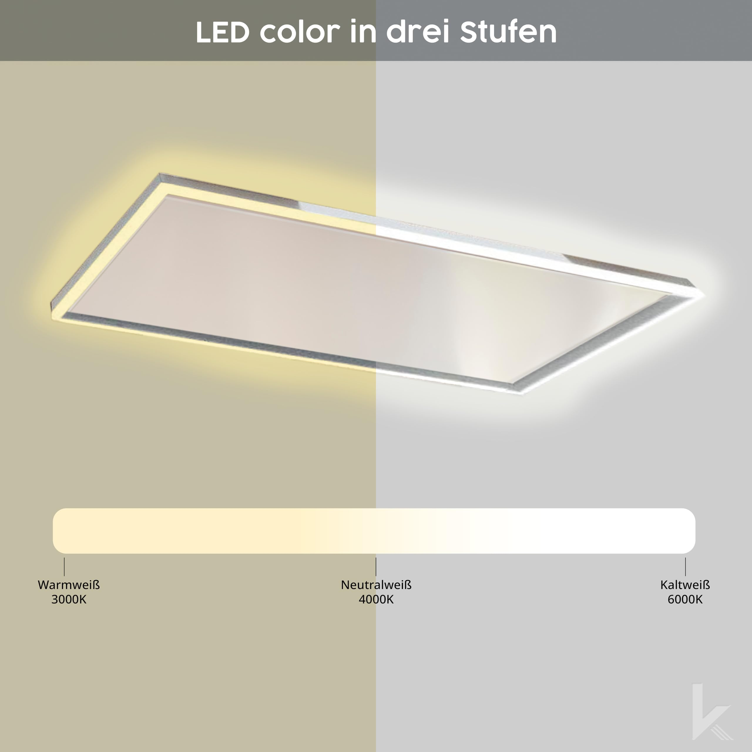 Plafoniera LED rettangolare con temperatura di colore a tre livelli, da bianco caldo a freddo.