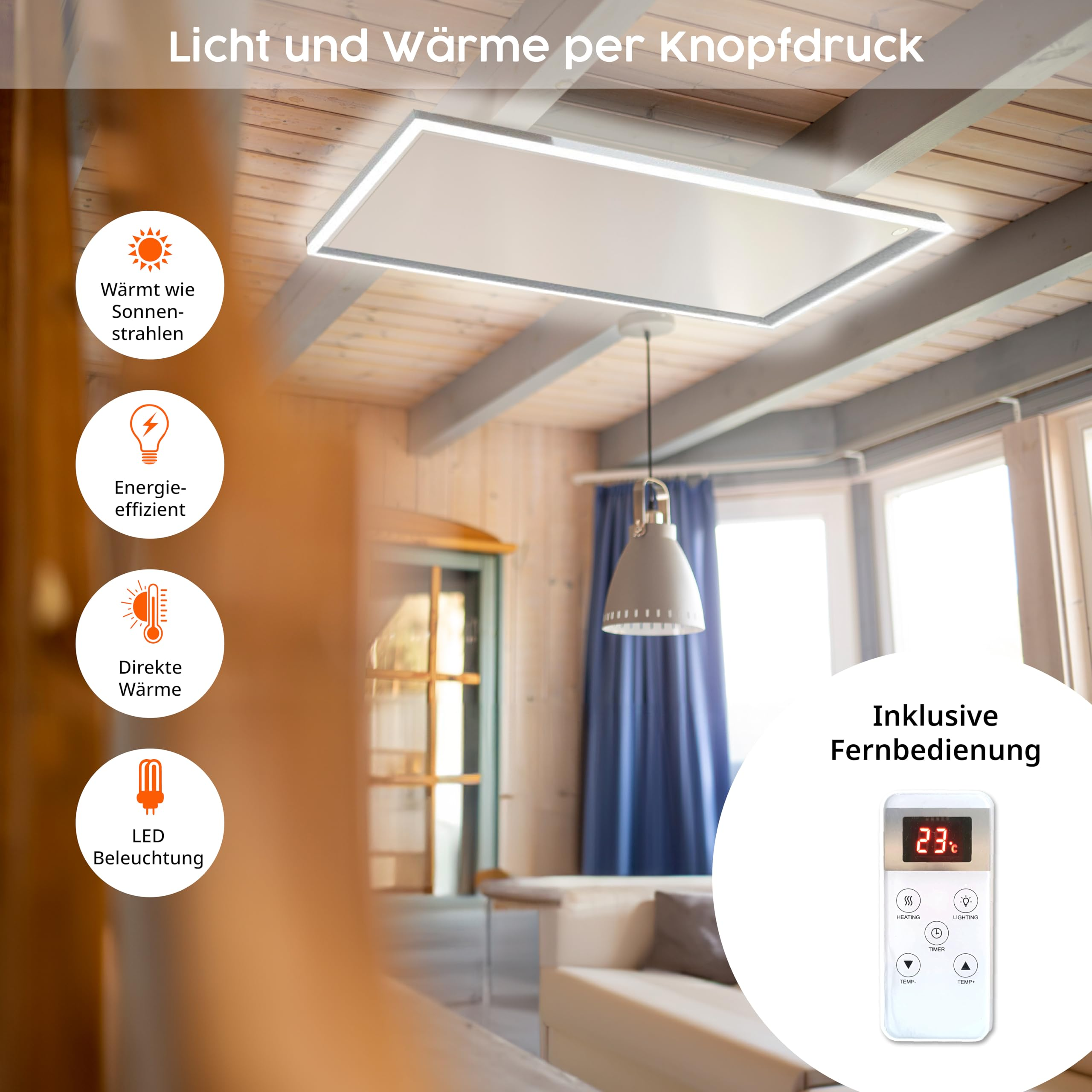 Un riscaldatore a infrarossi rettangolare con luce LED su soffitto in legno, telecomando e icone.