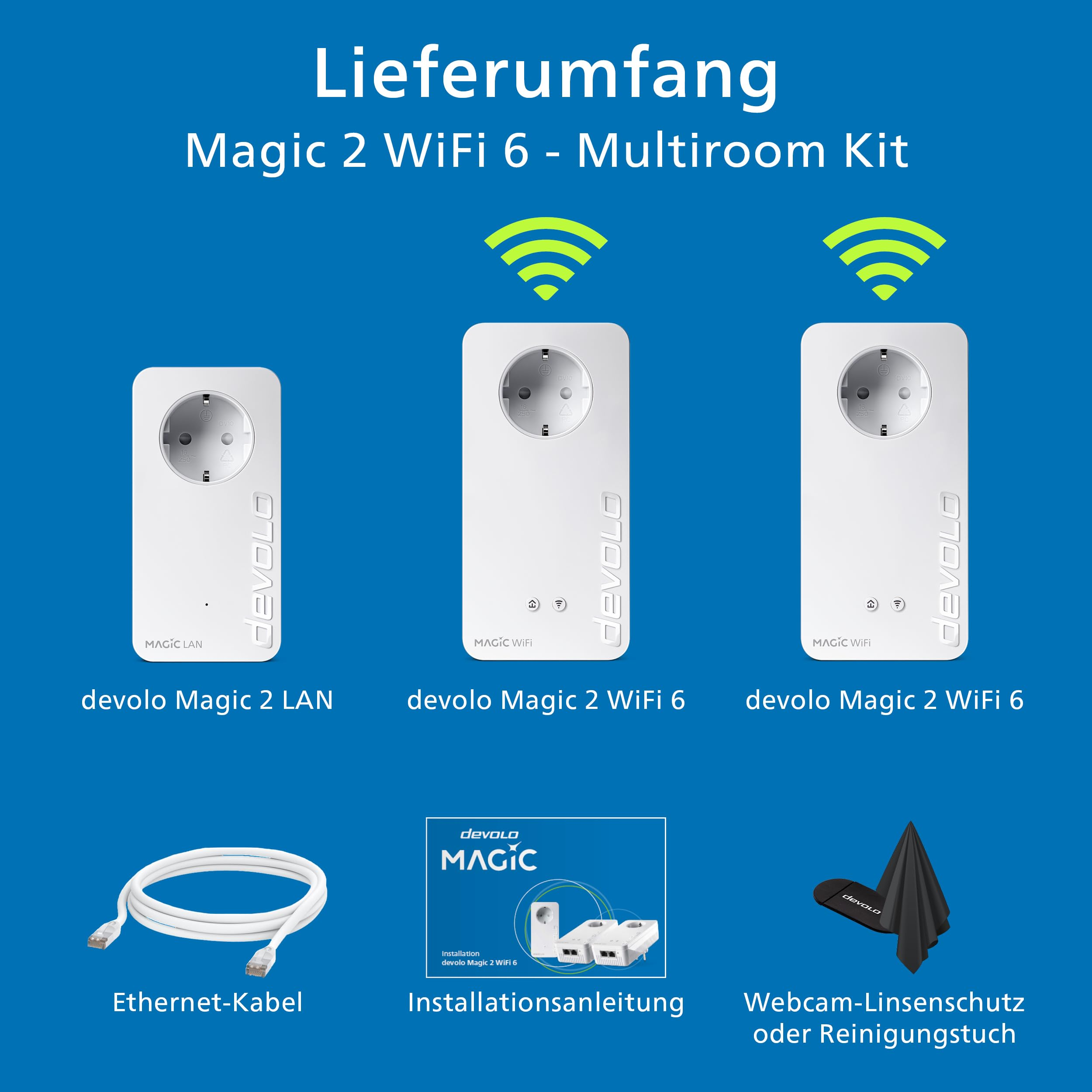 Contenuto del kit devolo Magic 2 WiFi 6 con adattatori, cavo ethernet, manuale e protezione.