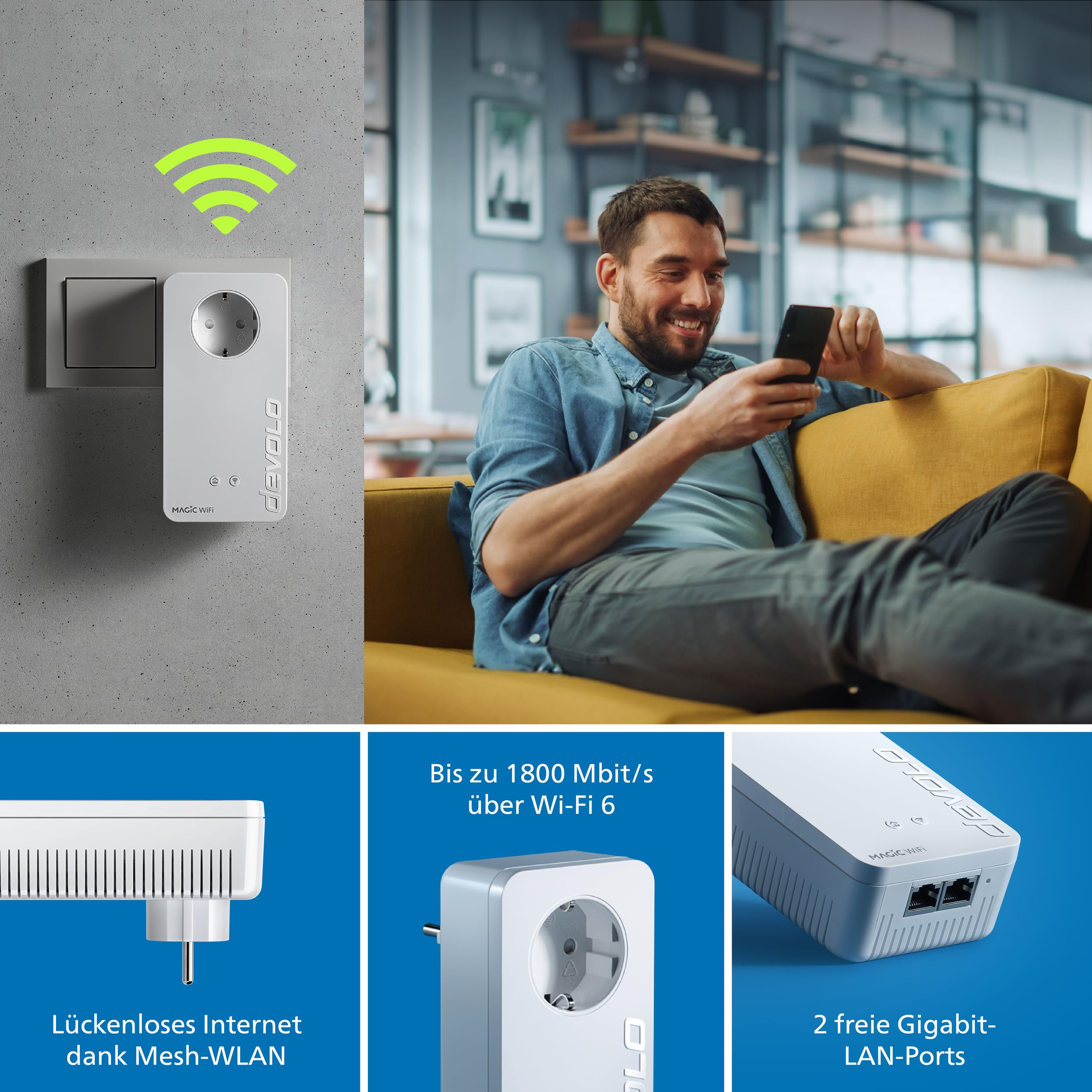 Un uomo sorridente usa lo smartphone su un divano, mentre un adattatore Wi-Fi Devolo è inserito nella presa.
