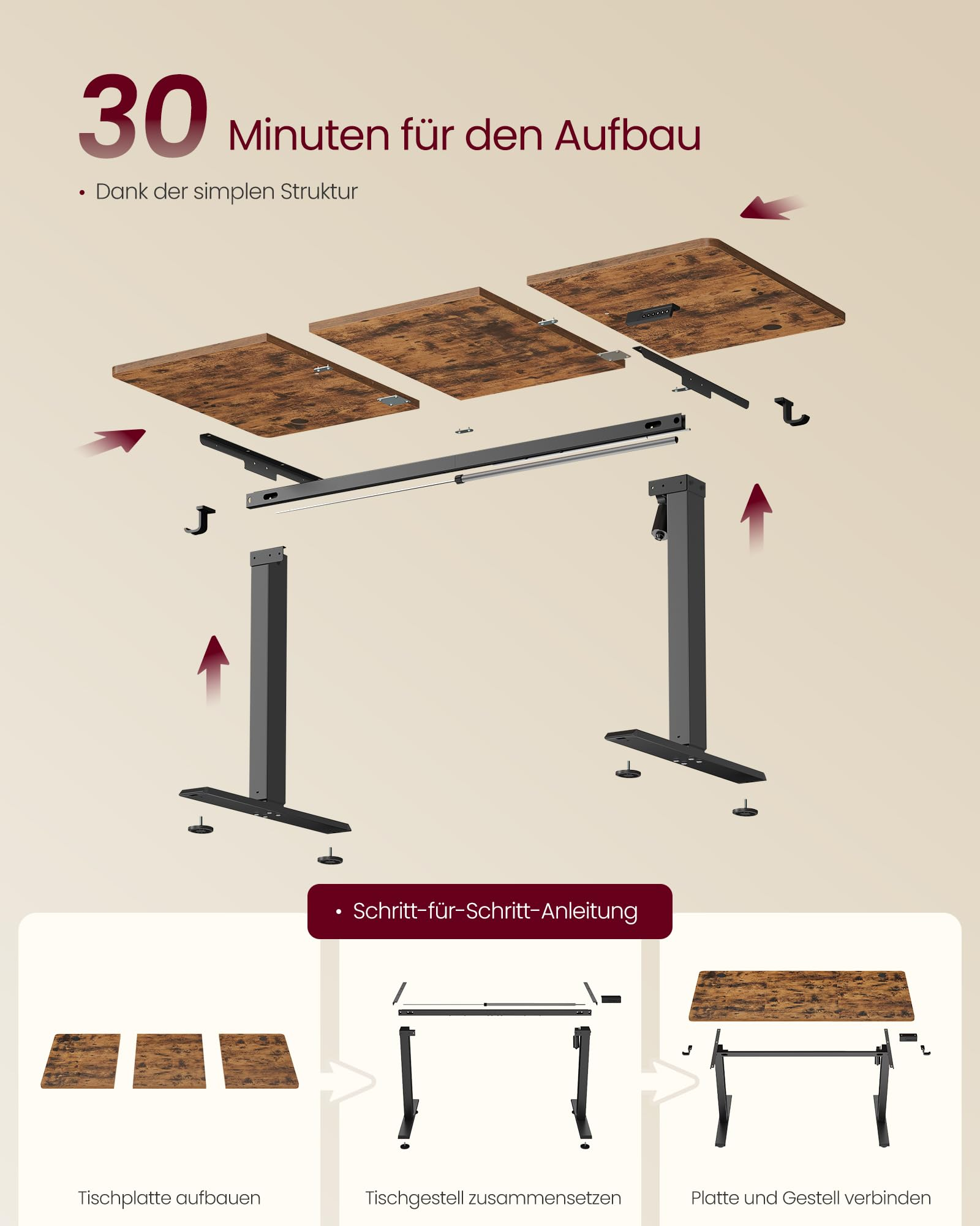 Vue éclatée d'un bureau réglable en hauteur avec plateau en bois rustique et pieds en métal noir.