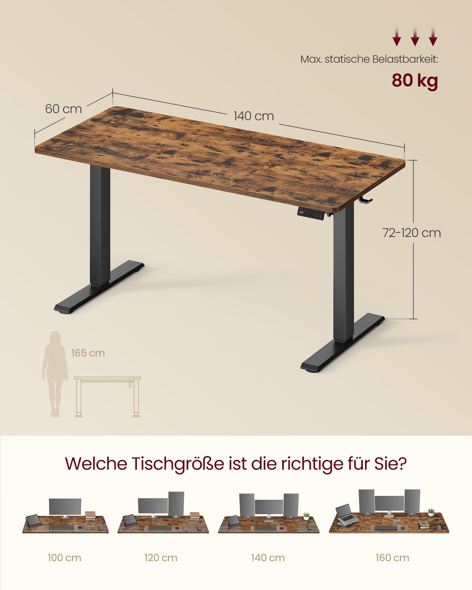 Bureau réglable en hauteur avec plateau en bois marron, pieds en métal noir et dimensions.