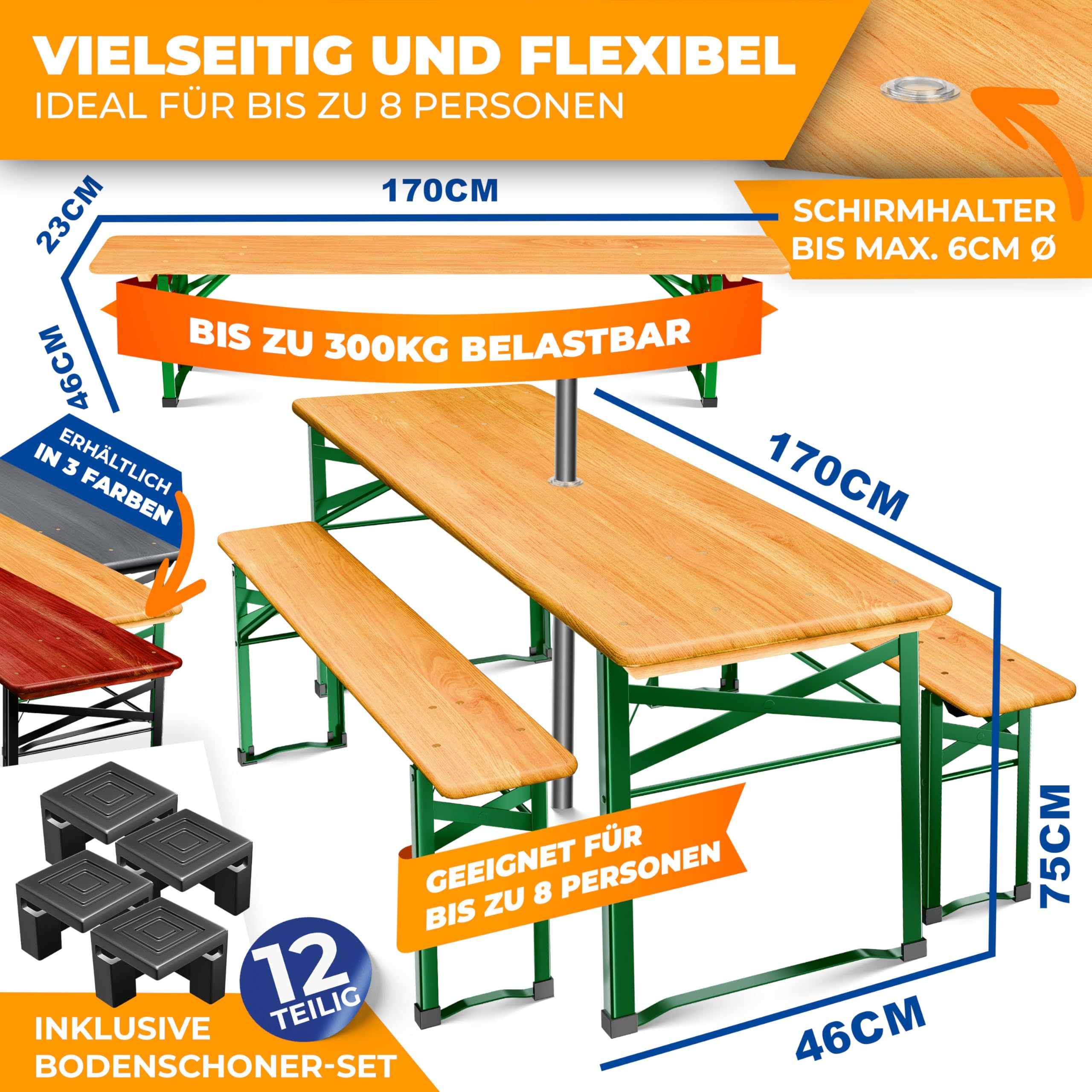 Holz-Bierbankgarnitur mit grünem Gestell, Maßen, Schirmhalter und Bodenschonern.
