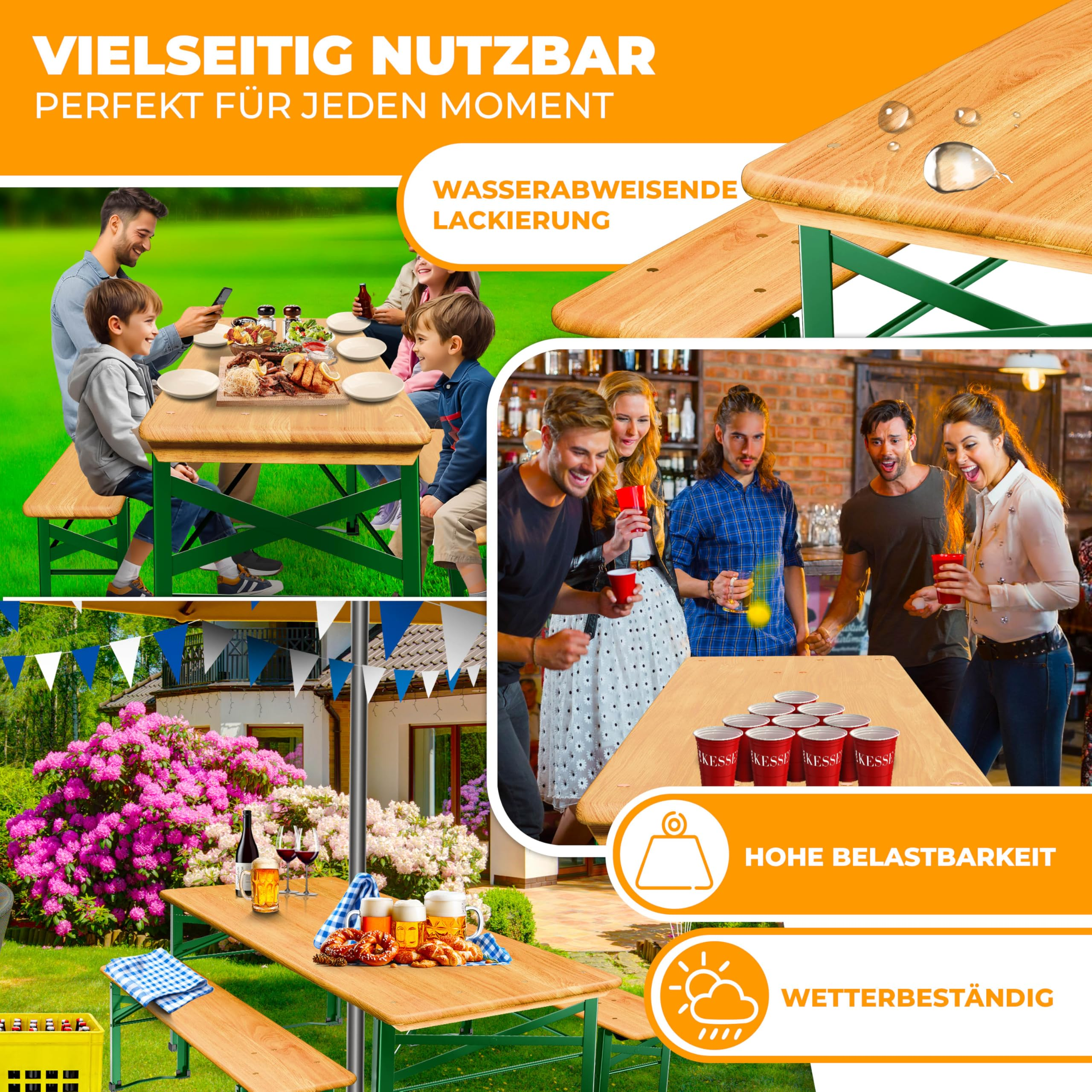 Eine Werbeanzeige zeigt Holzbänke und -tische im Garten, beim Picknick und beim Bierpongspiel.