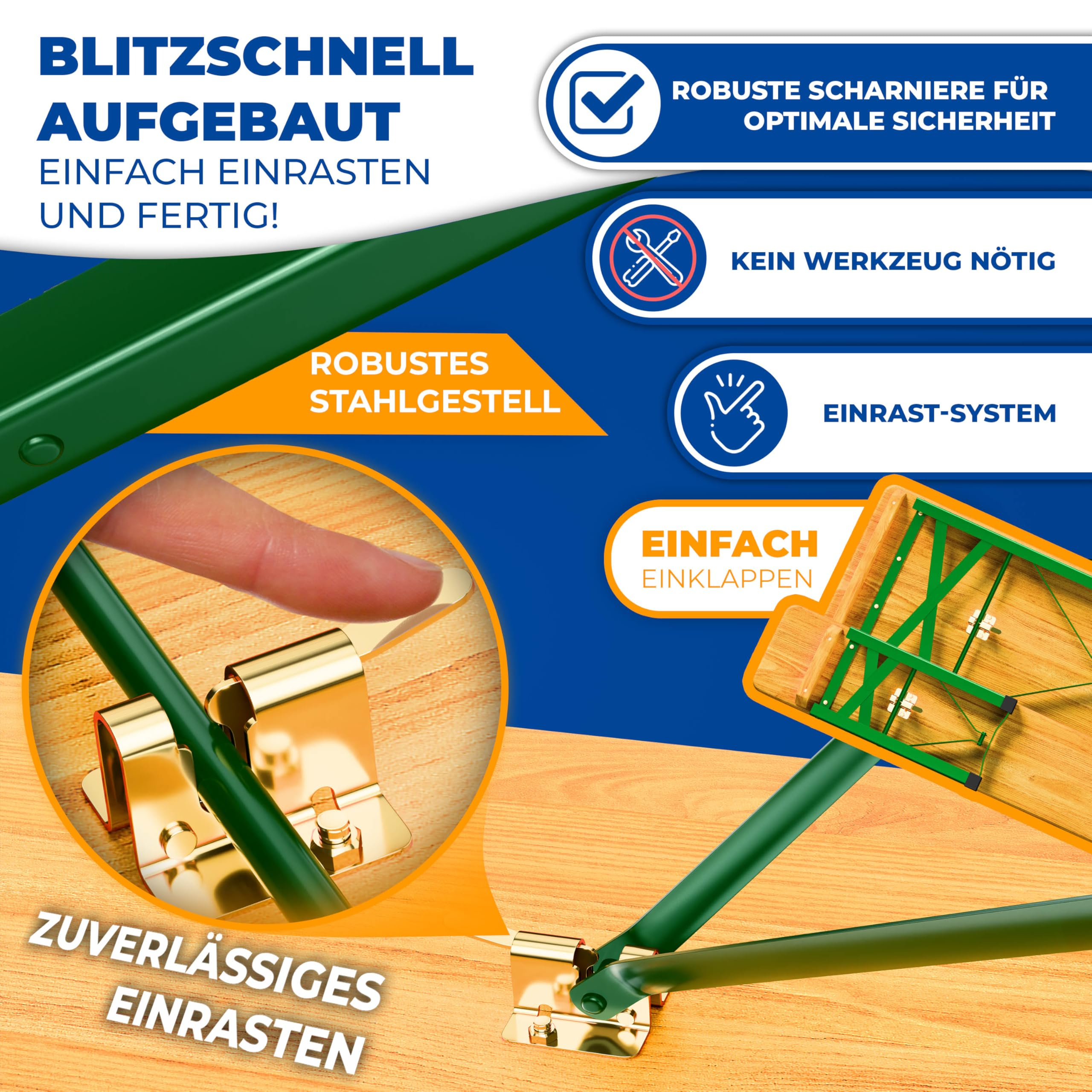 Produktvorteile von Bierzeltgarnituren: stabiles Stahlgestell, robuster Scharniere und einfache Montage ohne Werkzeug.