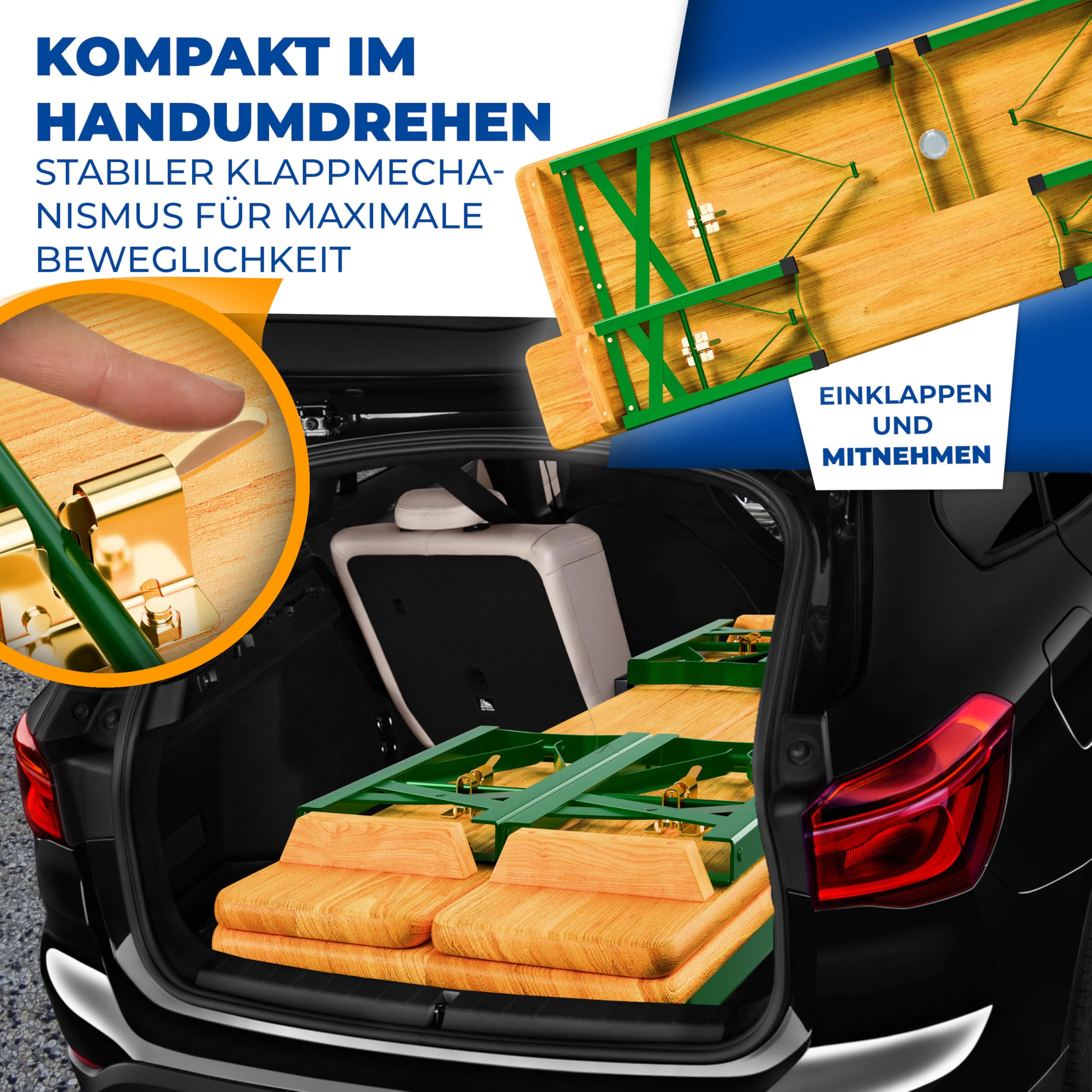 Zusammengeklappte Bierbank im Kofferraum eines Autos, mit Detailansicht des Klappmechanismus.