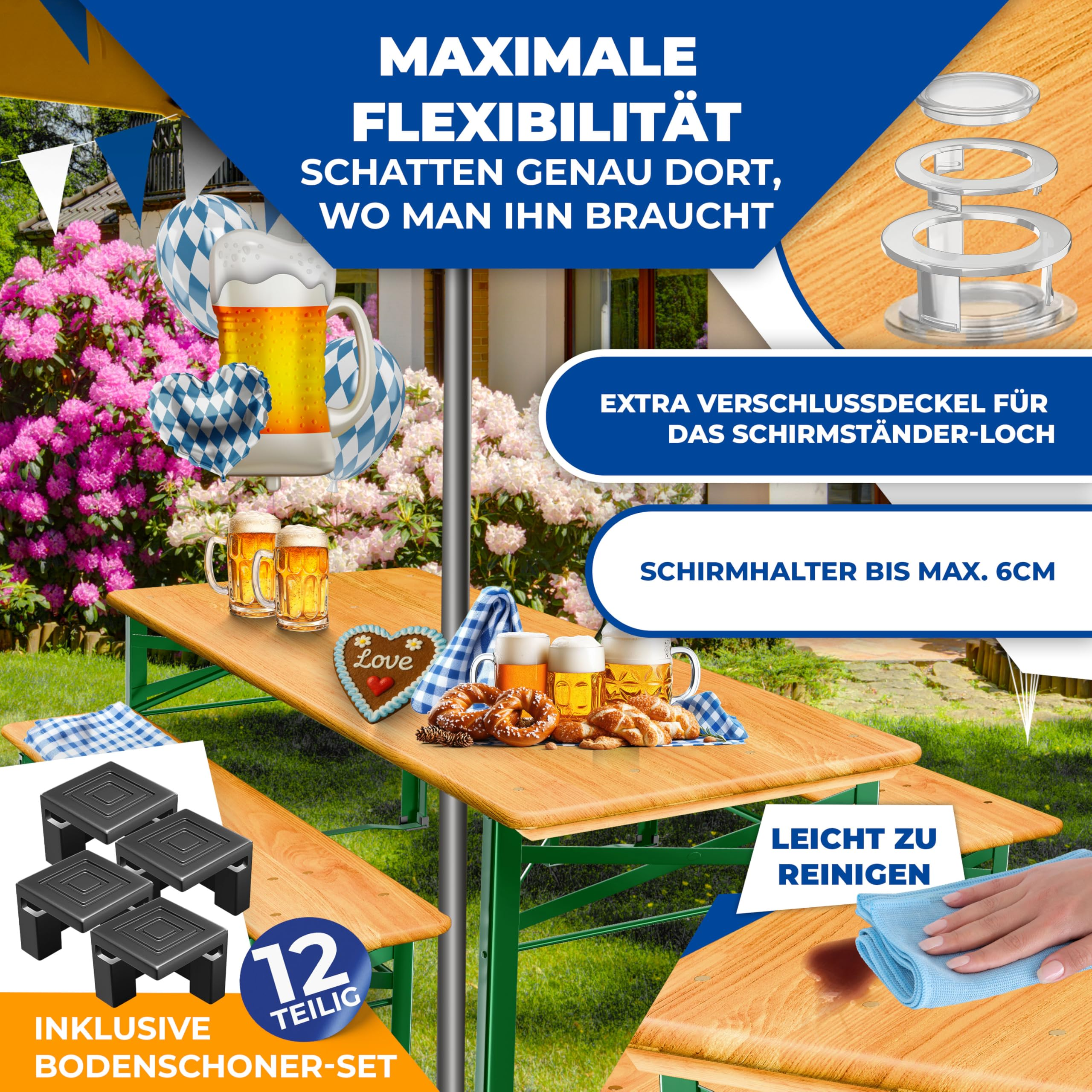 Bierzeltgarnitur im Freien mit Bier, Brezeln und Oktoberfest-Dekoration.