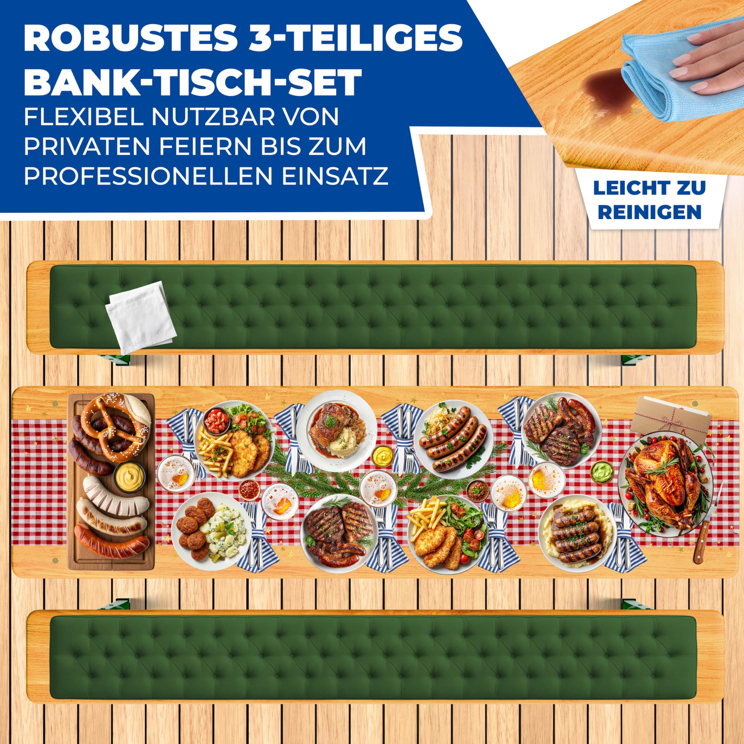 Holztisch-Bank-Set mit grüne Kissen, reich gedeckt mit bayerischen Speisen und roter karierter Tischdecke.