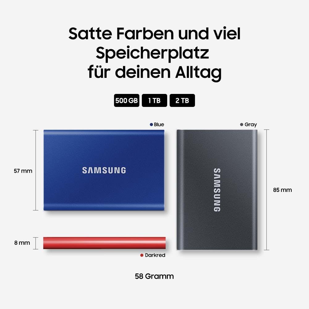 SSD Samsung con dimensioni, peso e colori blu, grigio e rosso scuro.
