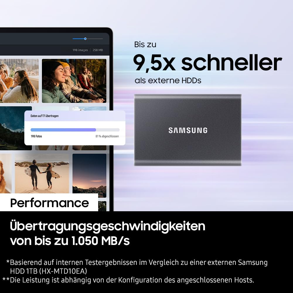 SSD Samsung con testo: Fino a 9,5 volte più veloce degli HDD esterni, con schermo tablet e dettagli tecnici.