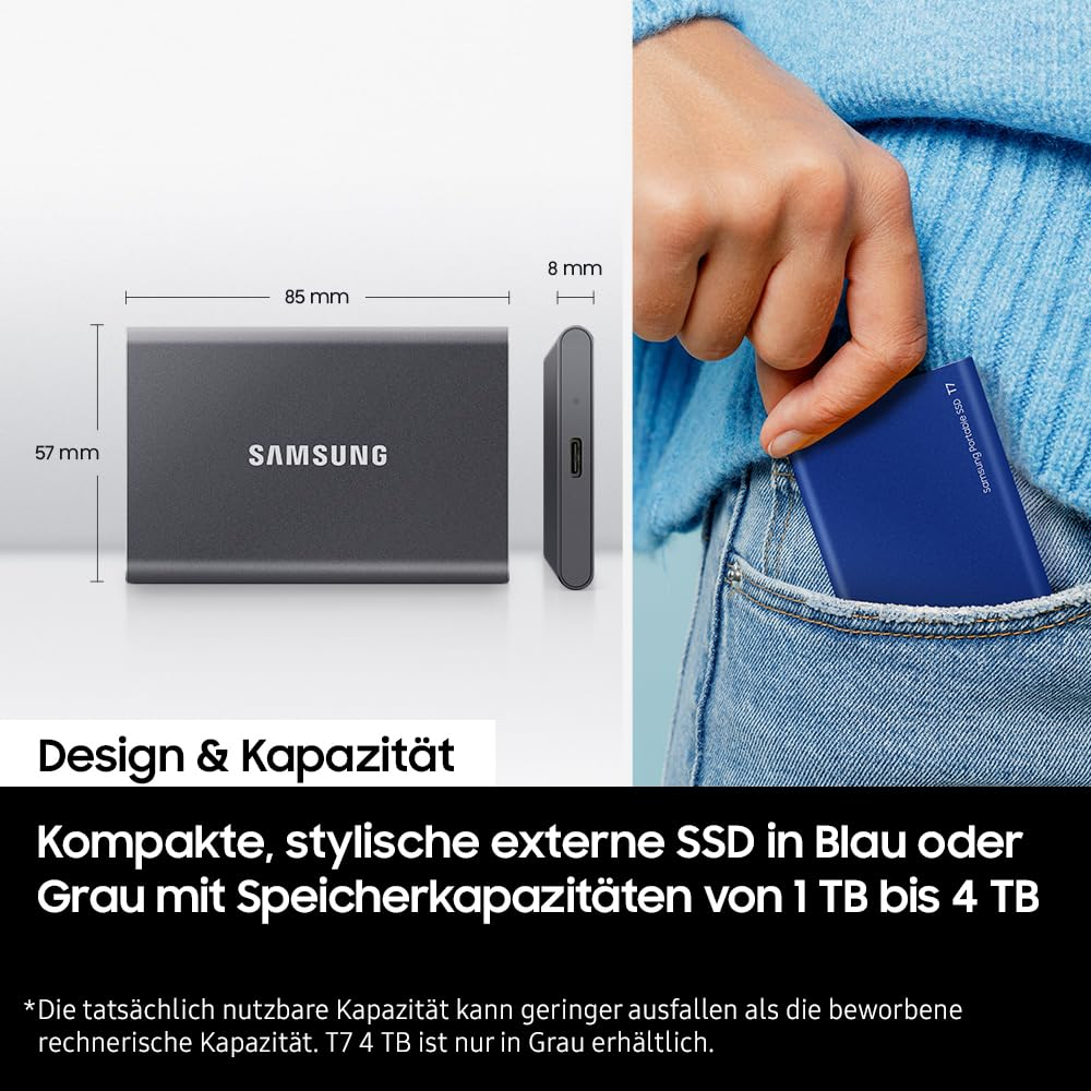 SSD esterno compatto ed elegante con dimensioni e una mano che lo ripone in tasca.