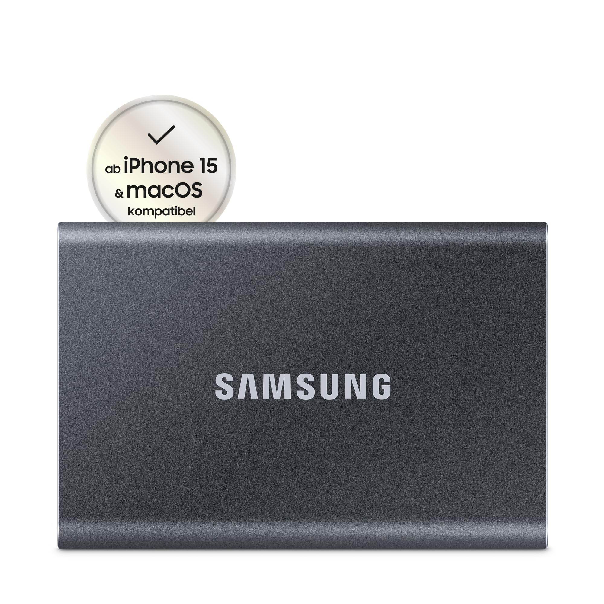 Un SSD portatile Samsung grigio con badge di compatibilità per iPhone 15 e macOS su sfondo bianco.