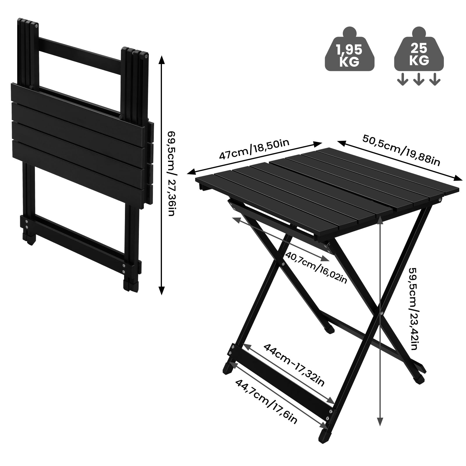 Diagramma che mostra un tavolo pieghevole nero con dimensioni e chiuso.
