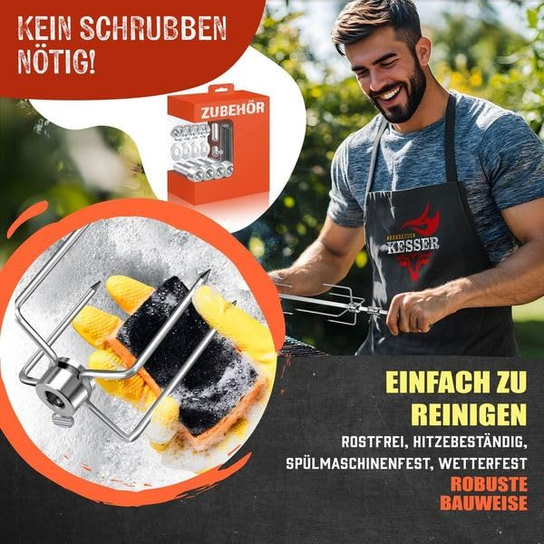 Ein Mann im Grillabend-Apron reinigt ein Drehspieß-Teil in einer Seifenlauge. Text enthält Infos zur leichten Reinigung.