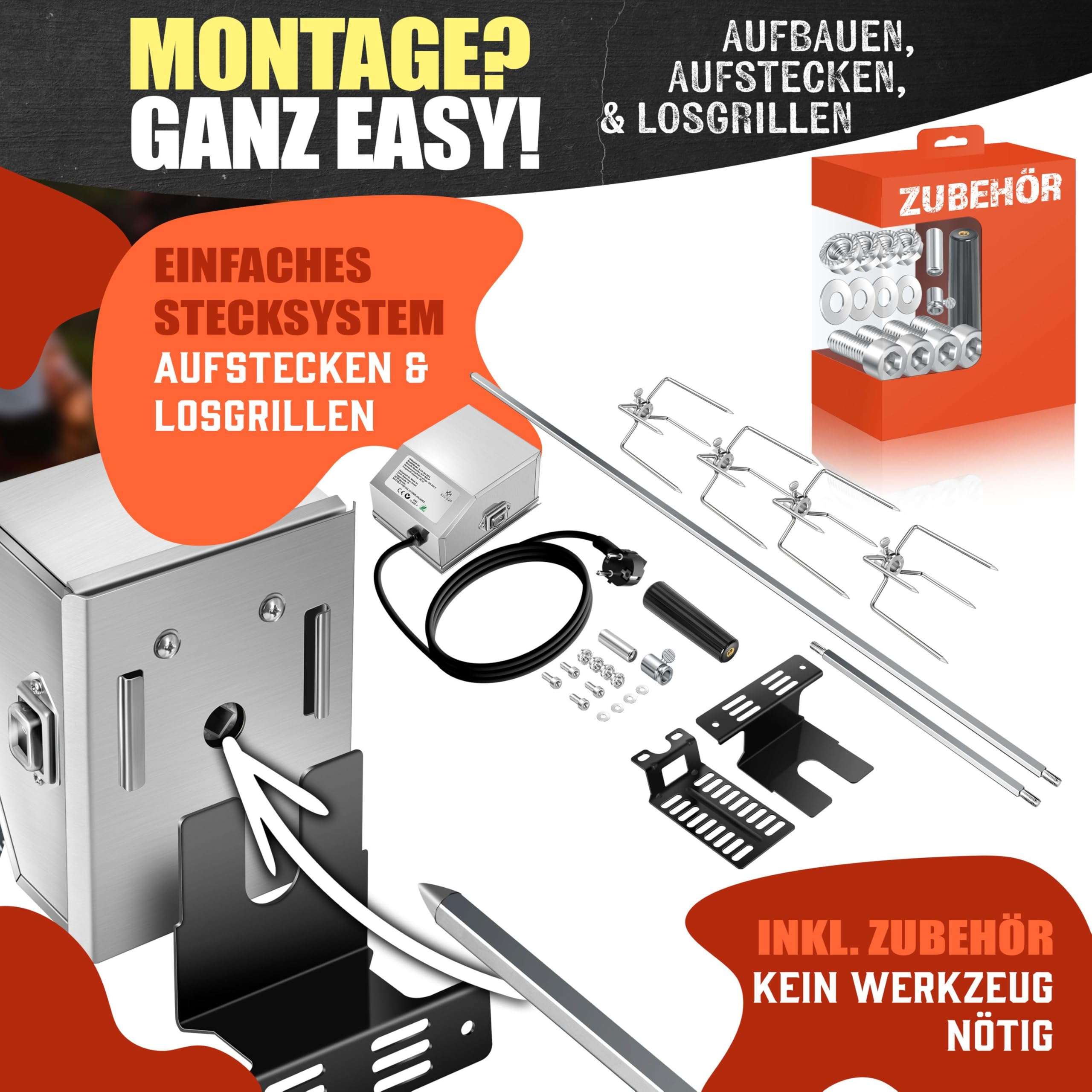 Edelstahl-Grillmotor mit Montagezubehör und Spieß-Set vor grau-rotem Hintergrund mit Text.