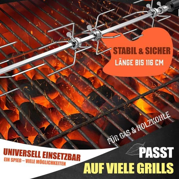 Edelstahl-Grillspieß über glühender Holzkohle mit Textoverlays.