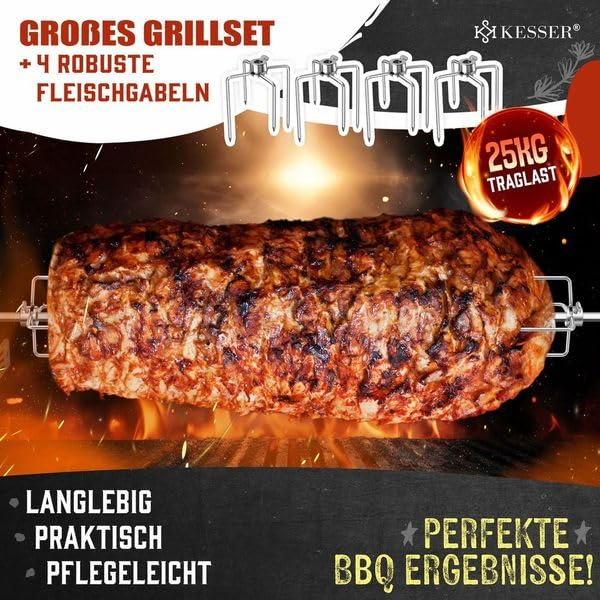 Großes Grillset mit Rot Spieß und Fleischgabeln, Gyrosbraten auf offenem Feuer.