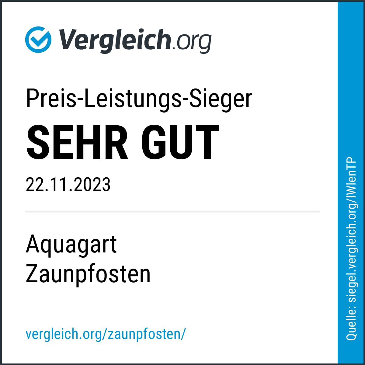 Premio di Vergleich.org per i pali per recinzione Aquagart come vincitore qualità-prezzo Ottimo.