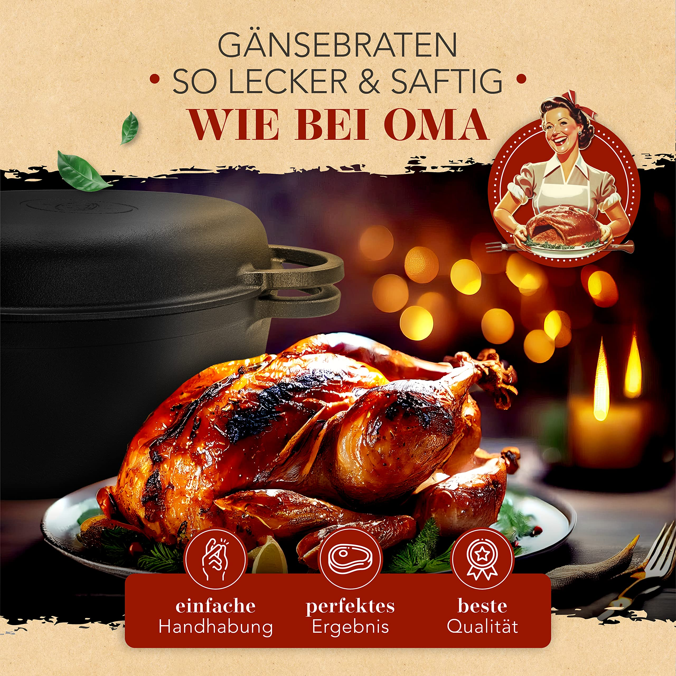 Un oie rôtie dorée sur une assiette devant une cocotte noire, avec du texte allemand faisant la promotion de grand-mère.
