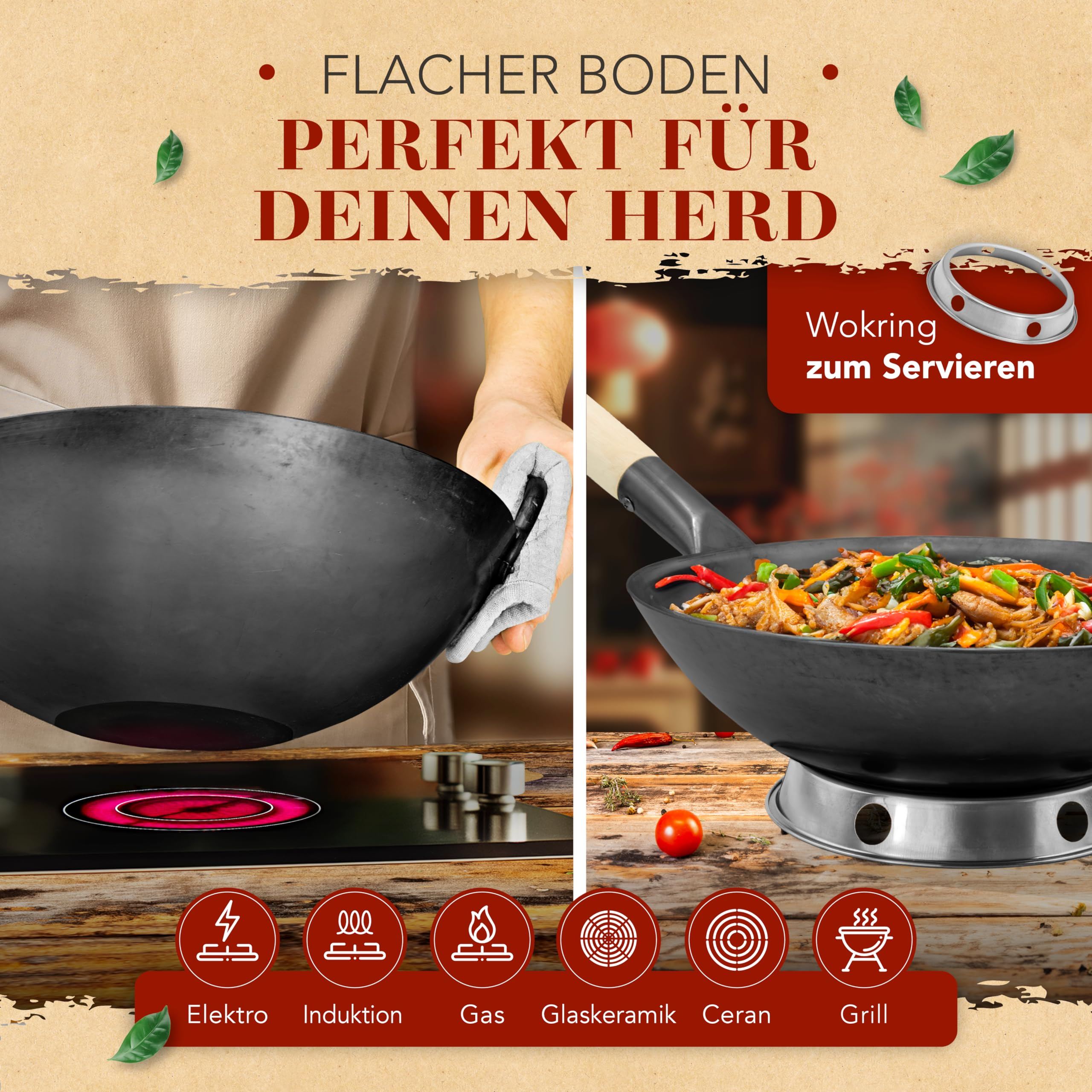 Ein schwarzer Wok mit flachem Boden auf einem Herd und auf einem Wokring mit frischem Gemüse.