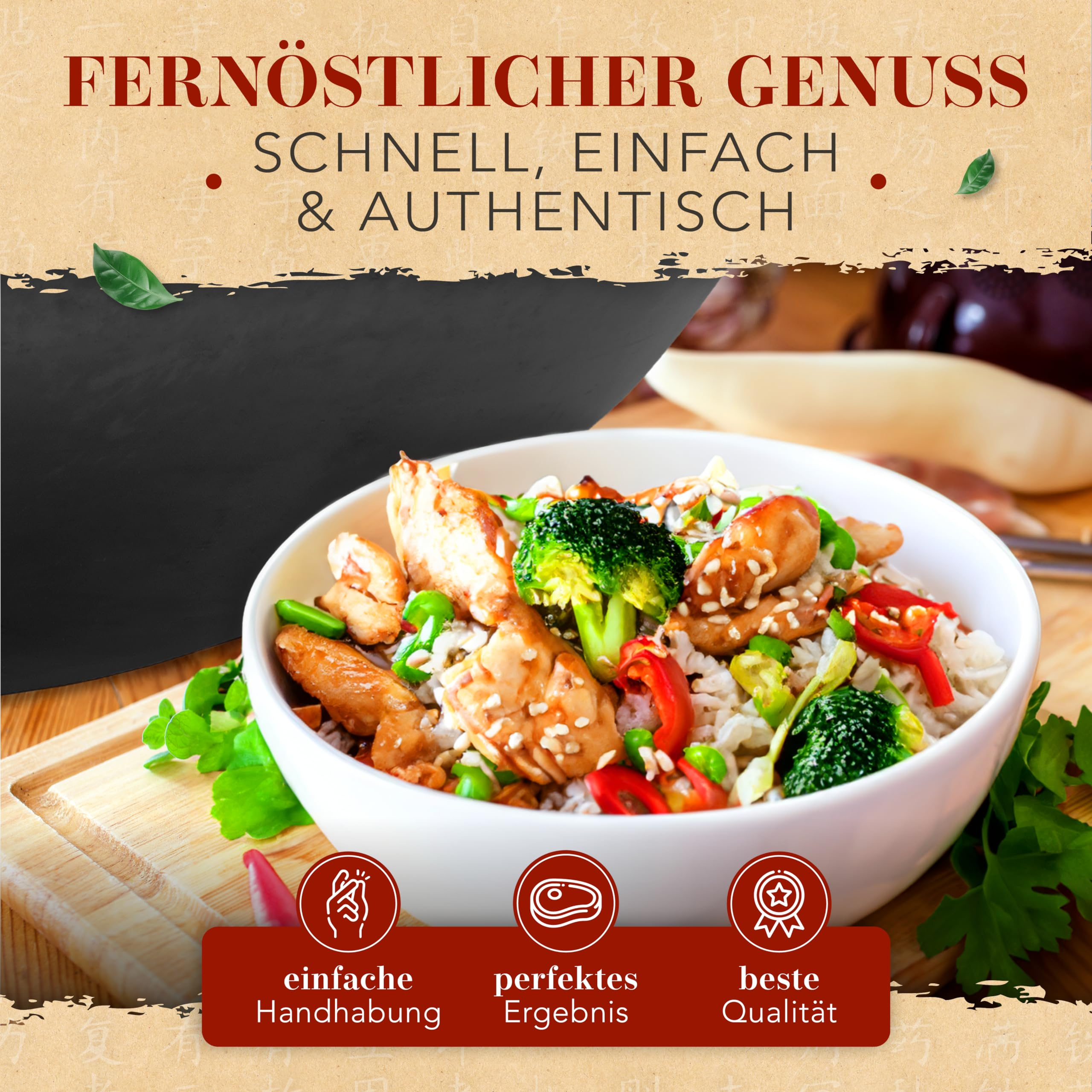 Werbebild für asiatisches Gericht mit Hühnchen, Brokkoli und Reis in einer weißen Schüssel.